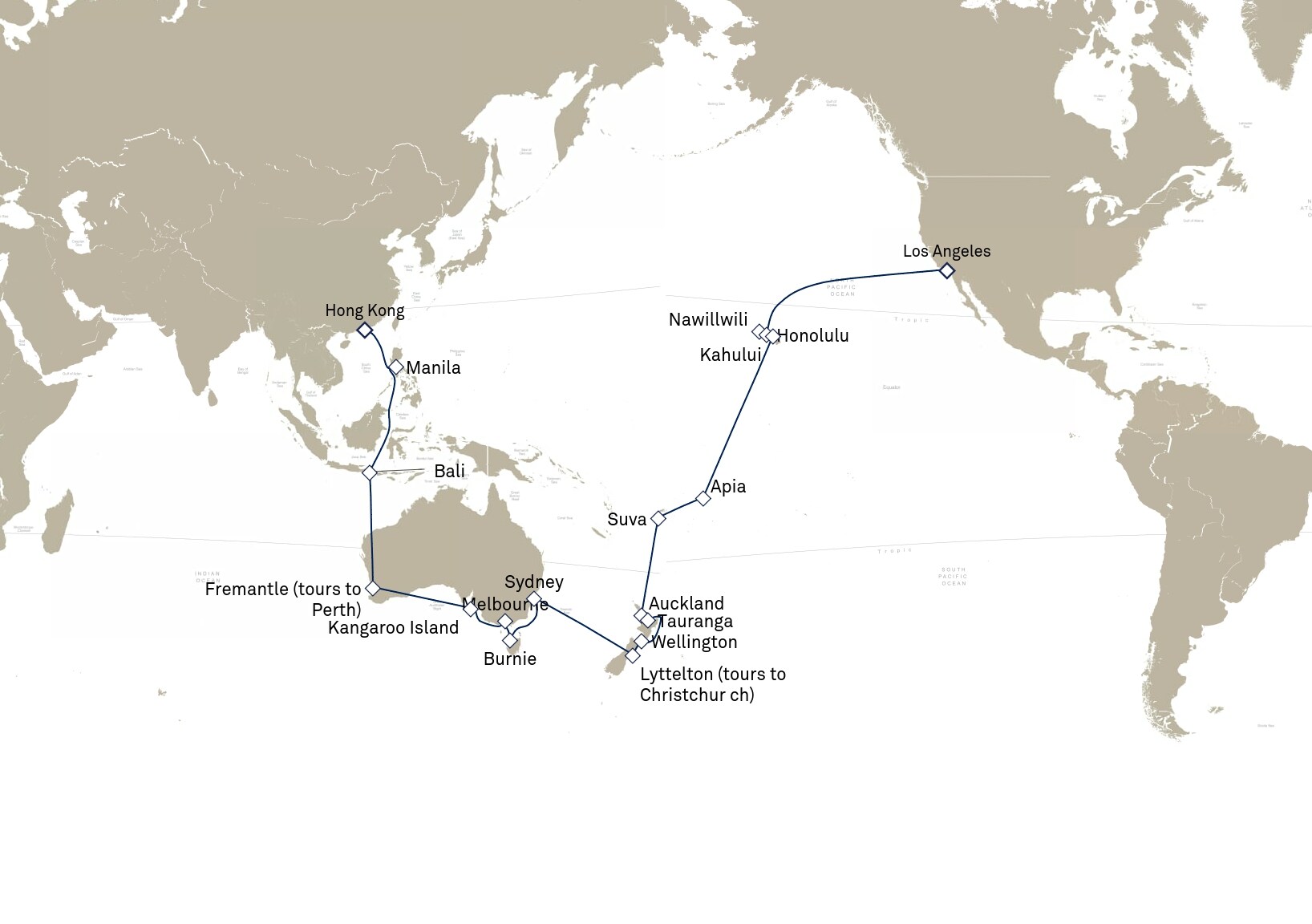 Queen Elizabeth Voyage Q905B itinerary map: Hong Kong, China to Los Angeles, CA, USA, March 6-April 21, 2029