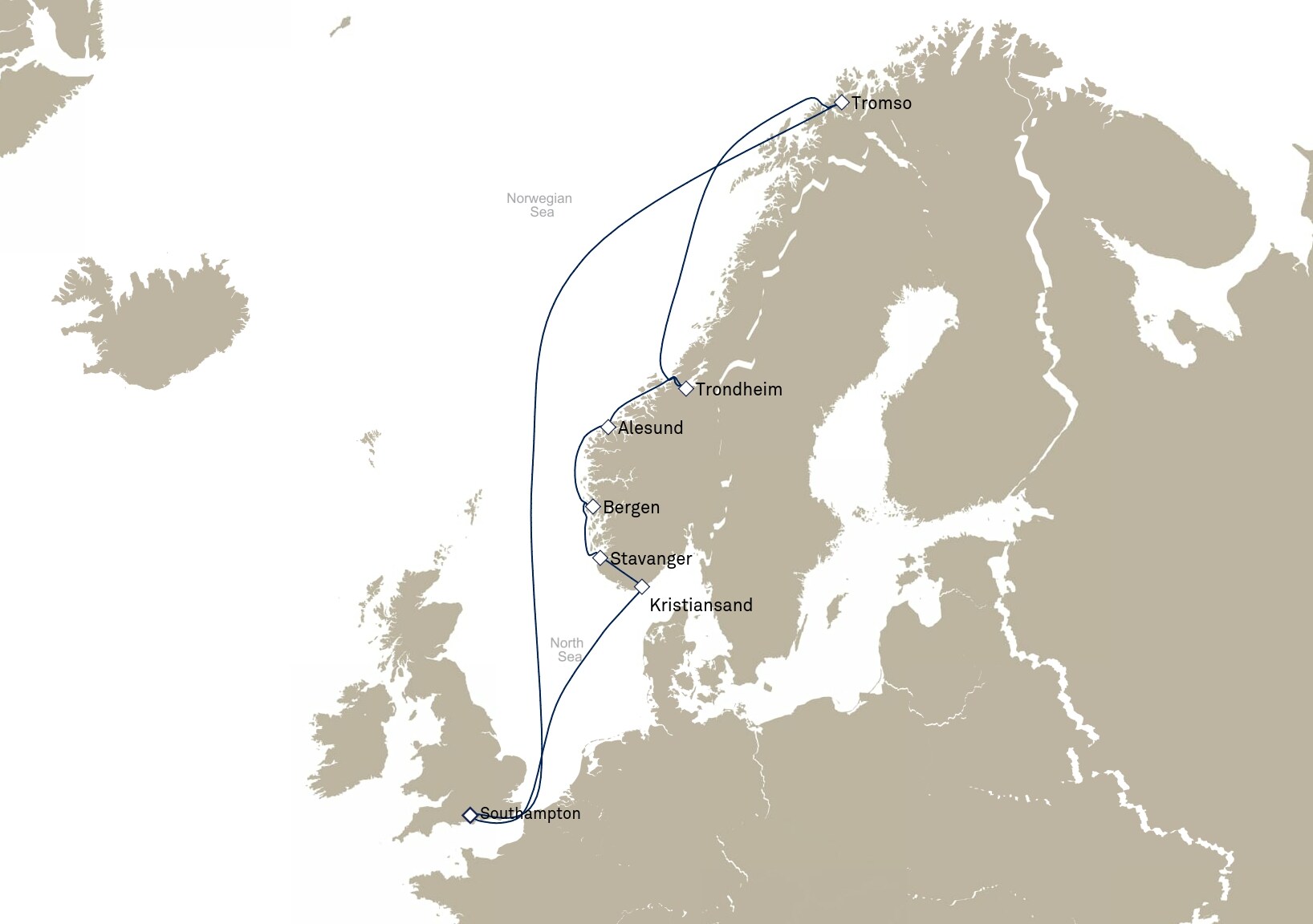 Queen Mary 2 Voyage M904 itinerary map: Southampton, England, UK to Southampton, England, UK, February 16-March 2, 2029