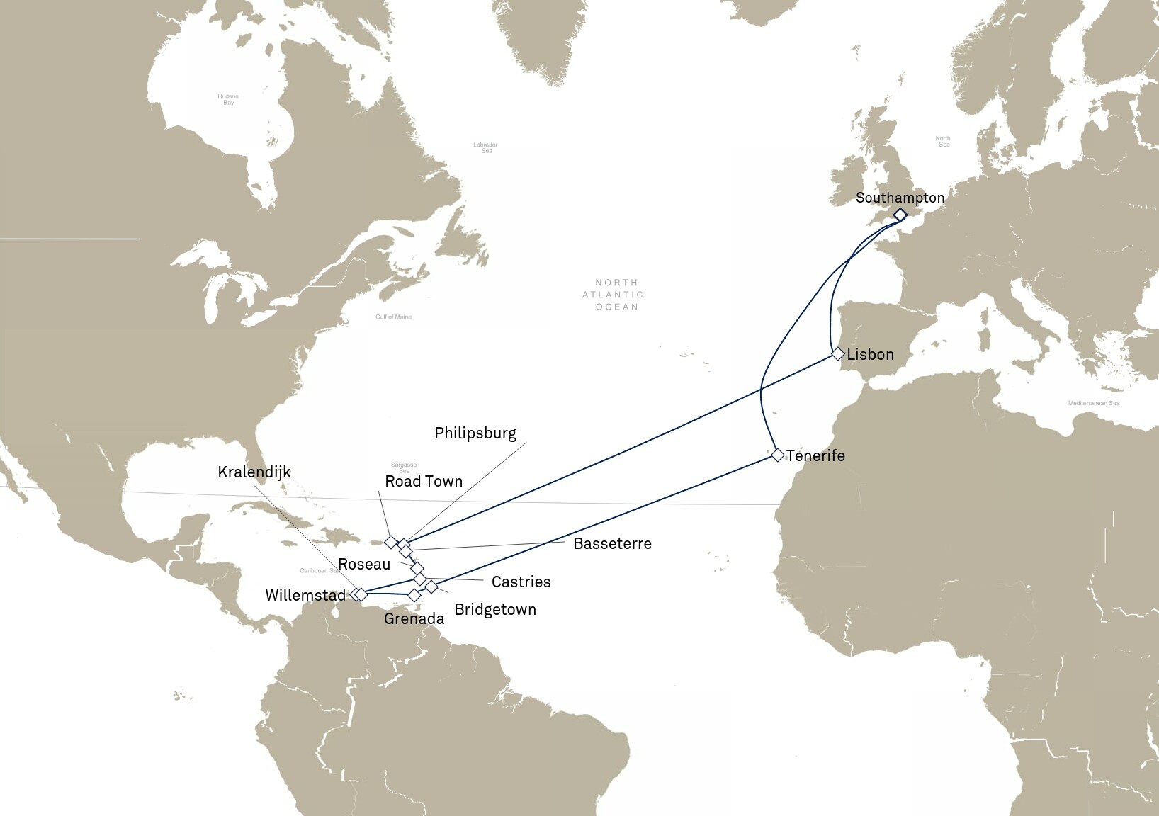 Queen Mary 2 Voyage M903 itinerary map: Southampton, England, UK to Southampton, England, UK, January 12-February 16, 2029