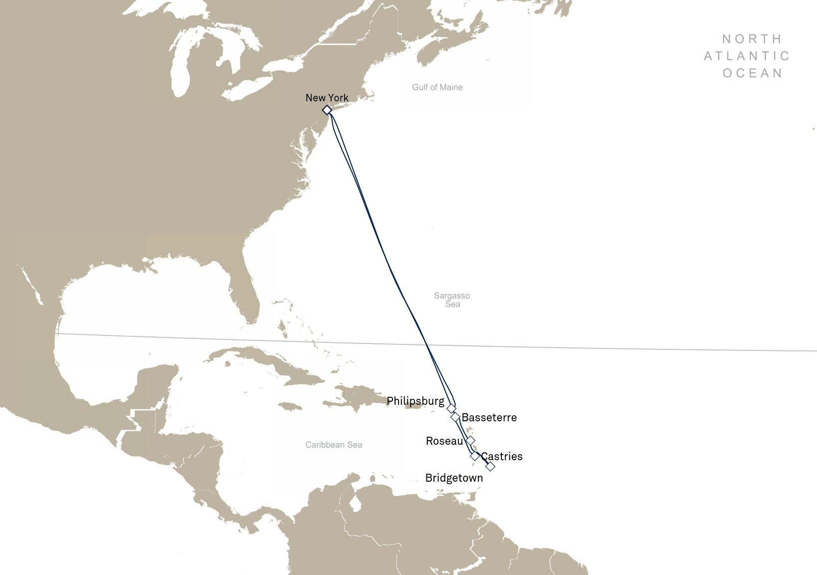 Queen Mary 2 Voyage M906 itinerary map: New York, NY, USA to New York, NY, USA, March 10-22, 2029