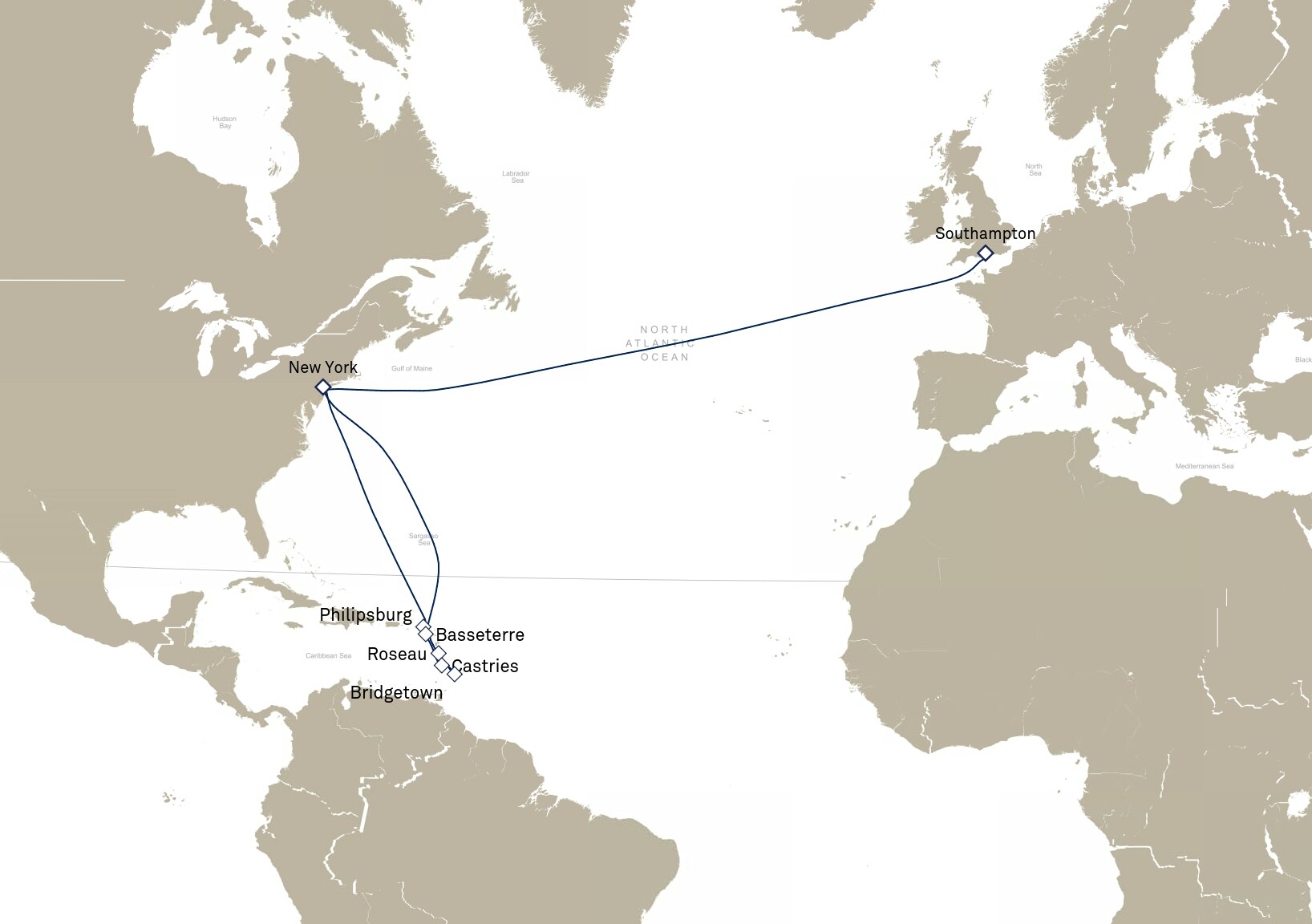 Queen Mary 2 Voyage M906A itinerary map: New York, NY, USA to Southampton, England, UK, March 10-30, 2029