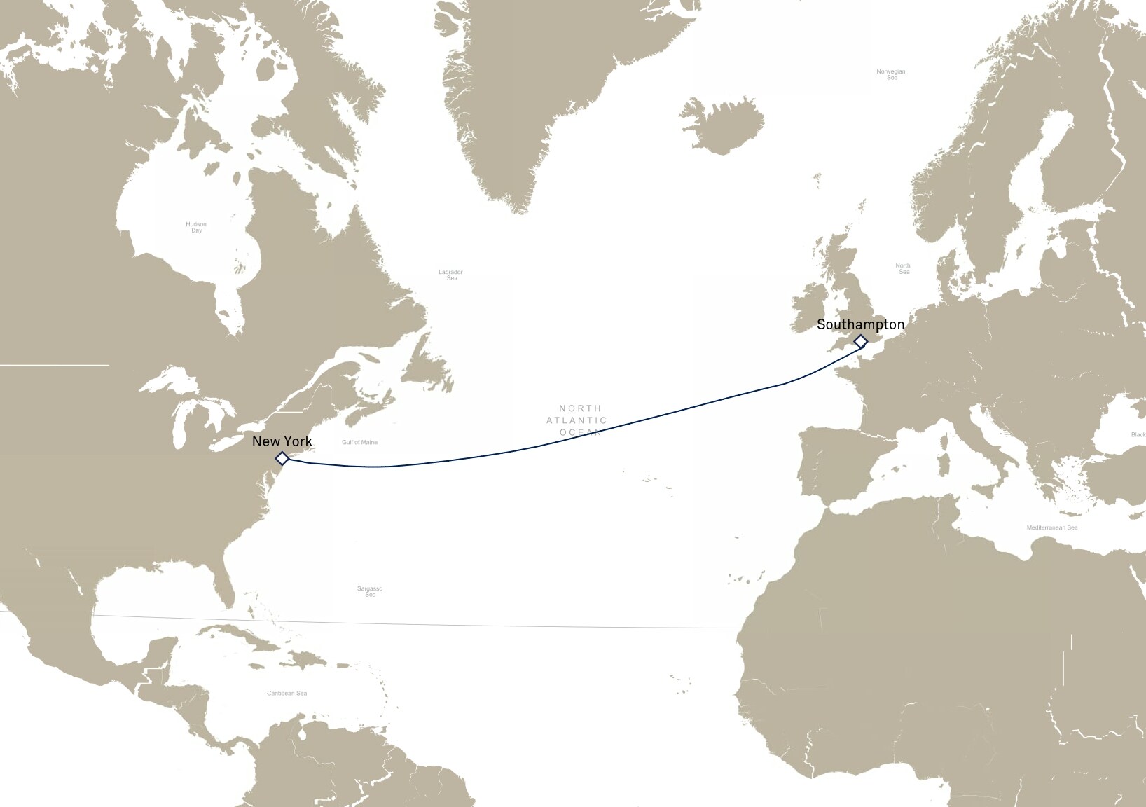 Queen Mary 2 Voyage M905 itinerary map: Southampton, England, UK to New York, NY, USA, March 2-10, 2029