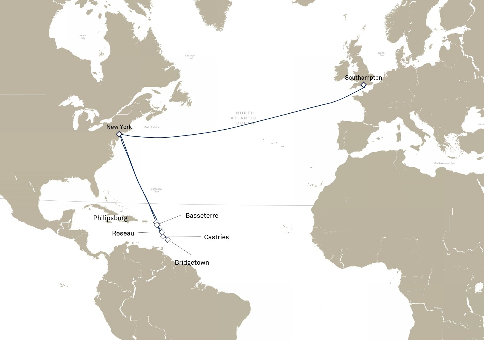 Queen Mary 2 Voyage M905A itinerary map: Southampton, England, UK to New York, NY, USA, March 2-22, 2029
