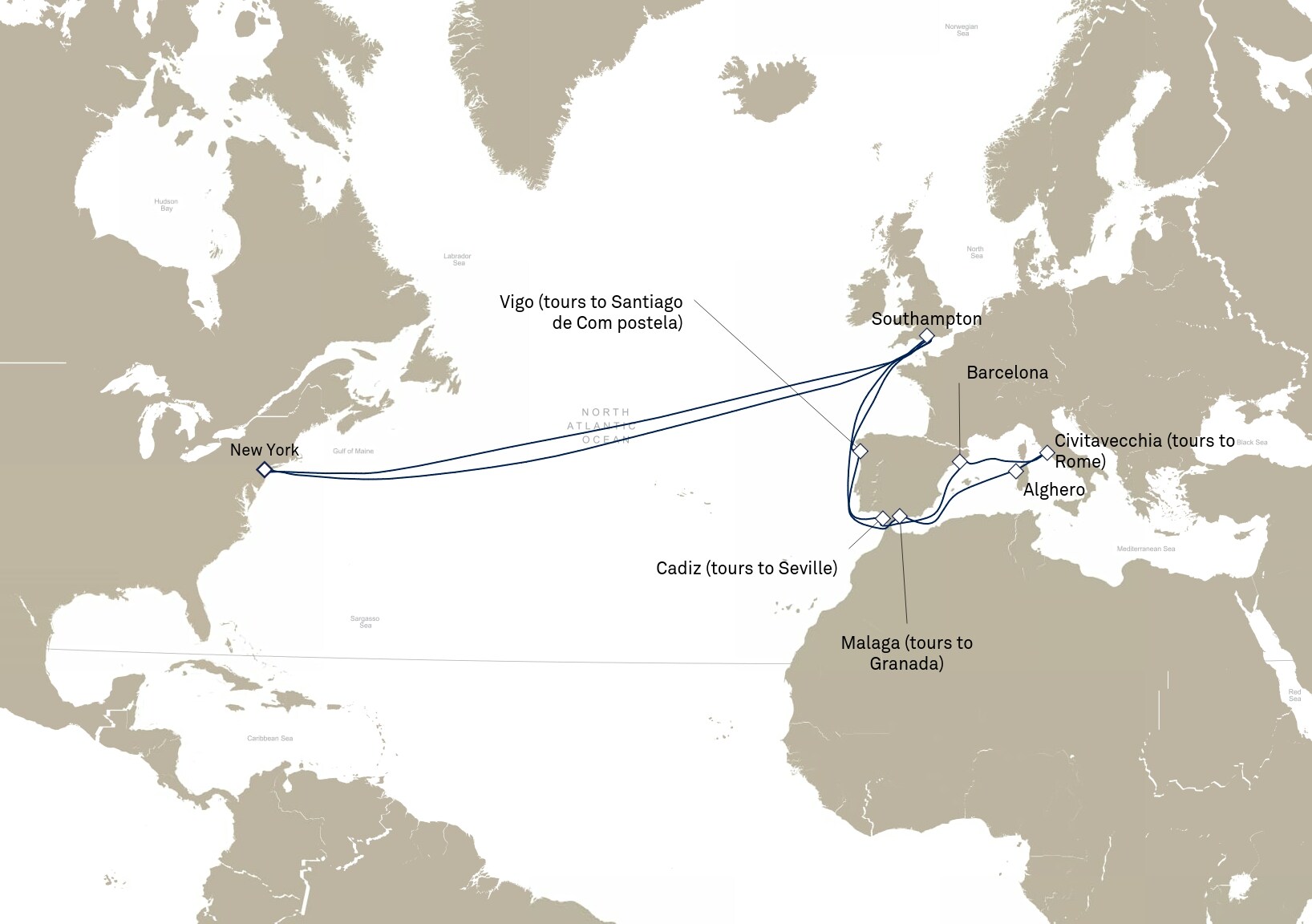 Queen Mary 2 Voyage M907A itinerary map: New York, NY, USA to New York, NY, USA, March 22-April 20, 2029