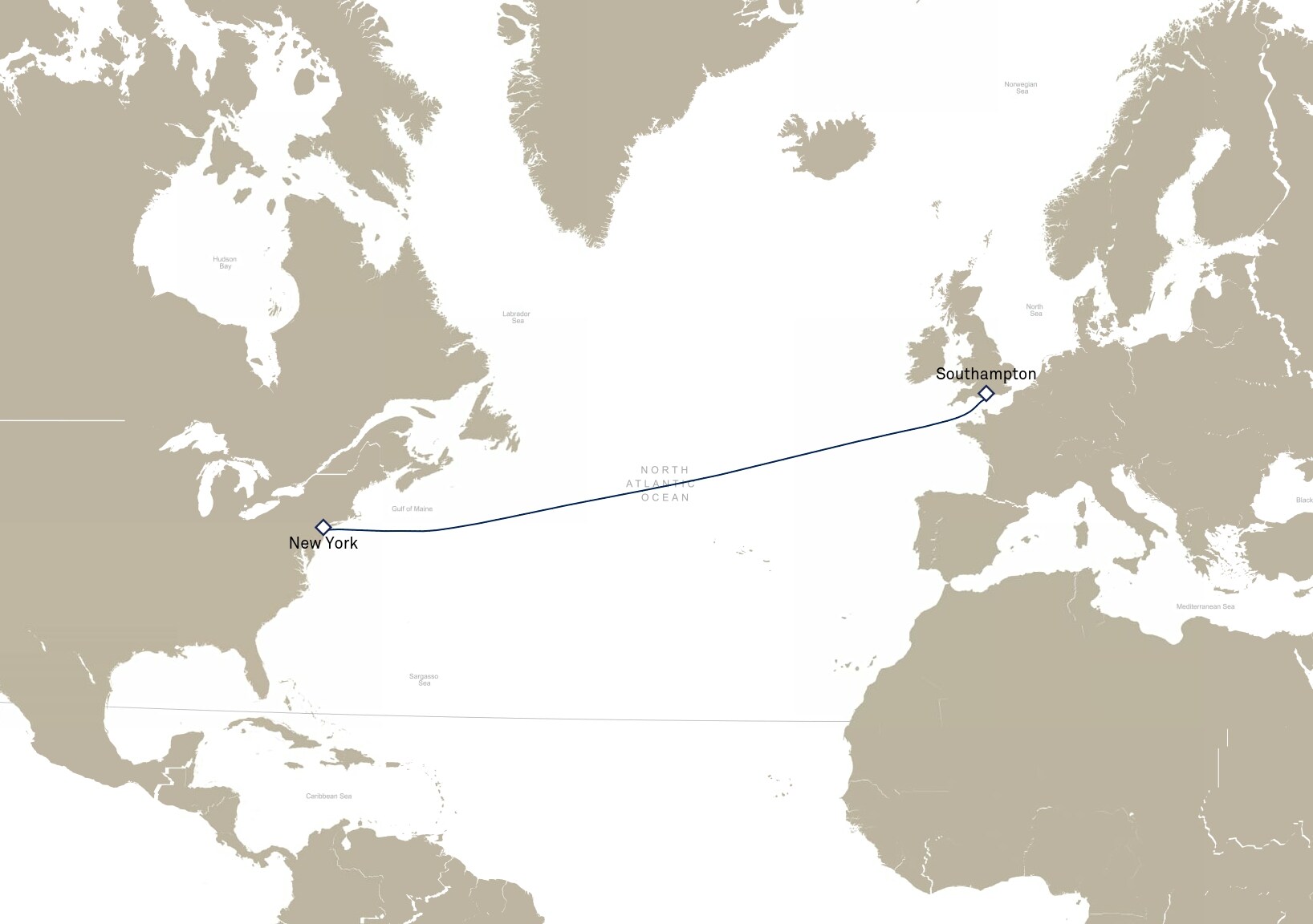 Queen Mary 2 Voyage M912 itinerary map: New York, NY, USA to Southampton, England, UK, May 11-18, 2029
