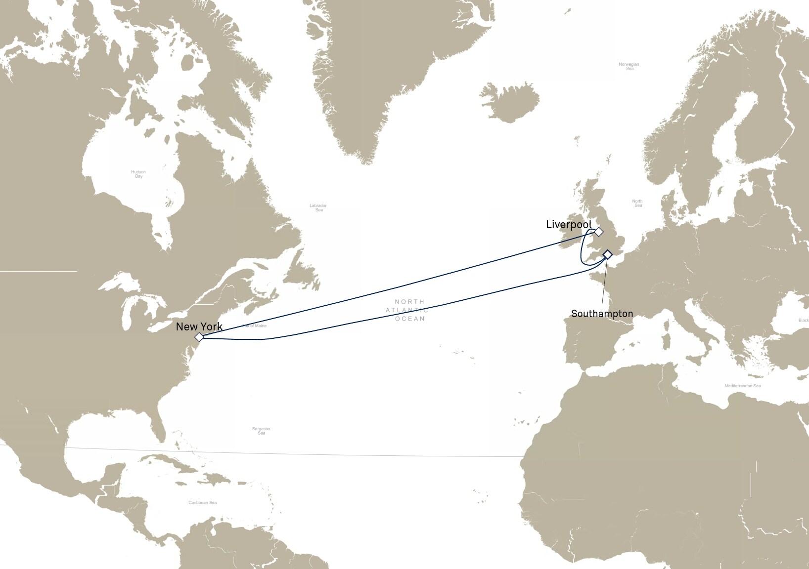 Queen Mary 2 Voyage M911E itinerary map: Southampton, England, UK to Southampton, England, UK, May 2-18, 2029