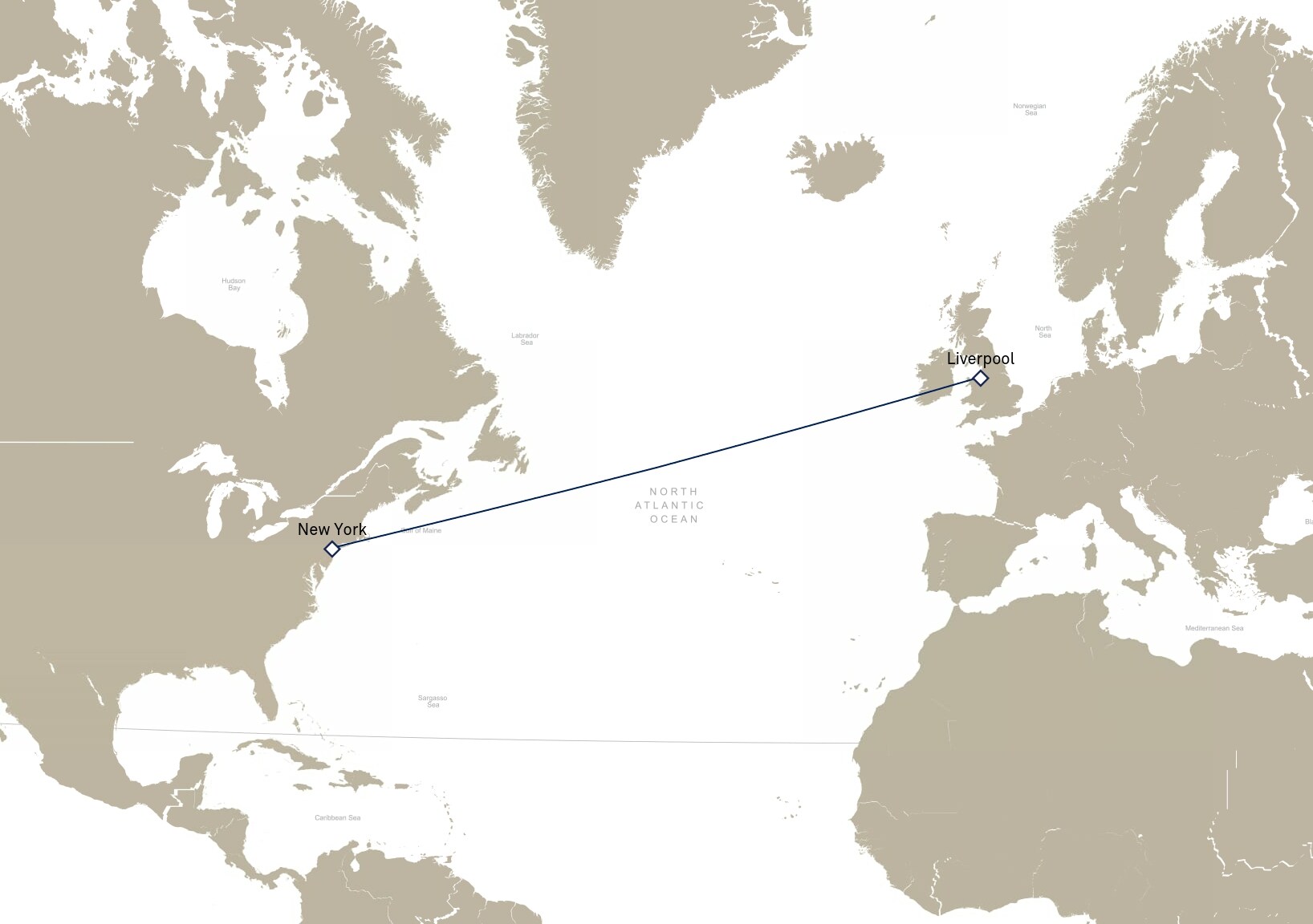 Queen Mary 2 Voyage M911F itinerary map: Liverpool, England, UK to New York, NY, USA, May 4-11, 2029