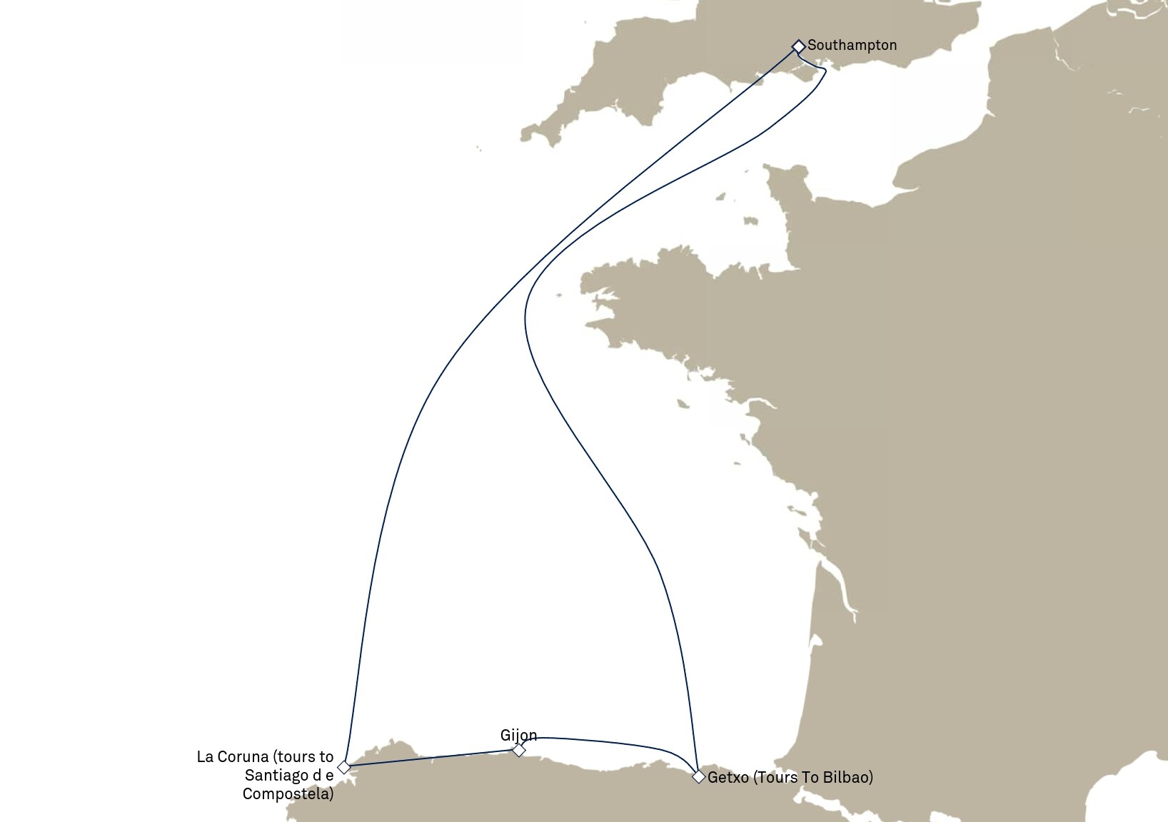 Queen Victoria Voyage V905 itinerary map: Southampton, England, UK to Southampton, England, UK, February 11-18, 2029