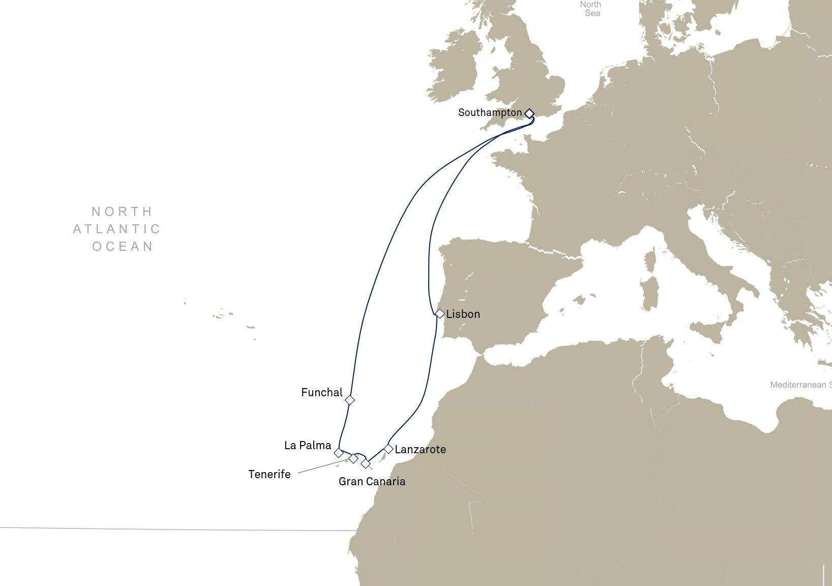 Queen Victoria Voyage V906 itinerary map: Southampton, England, UK to Southampton, England, UK, February 18-March 4, 2029