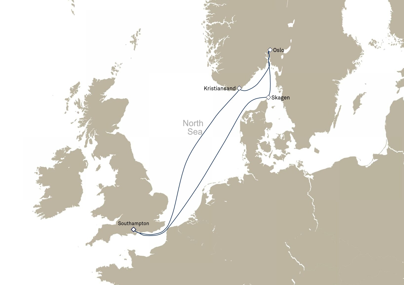 Queen Victoria Voyage V904 itinerary map: Southampton, England, UK to Southampton, England, UK, February 4-11, 2029