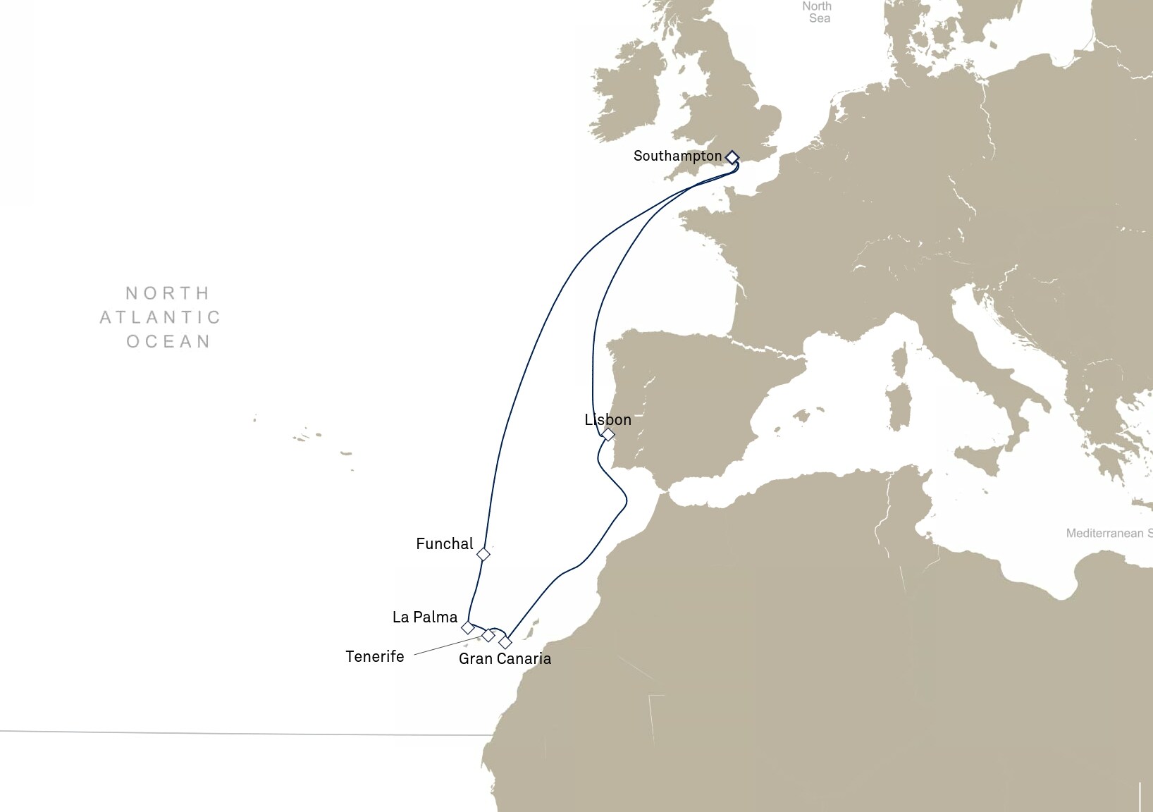 Queen Victoria Voyage V903 itinerary map: Southampton, England, UK to Southampton, England, UK, January 21-February 4, 2029