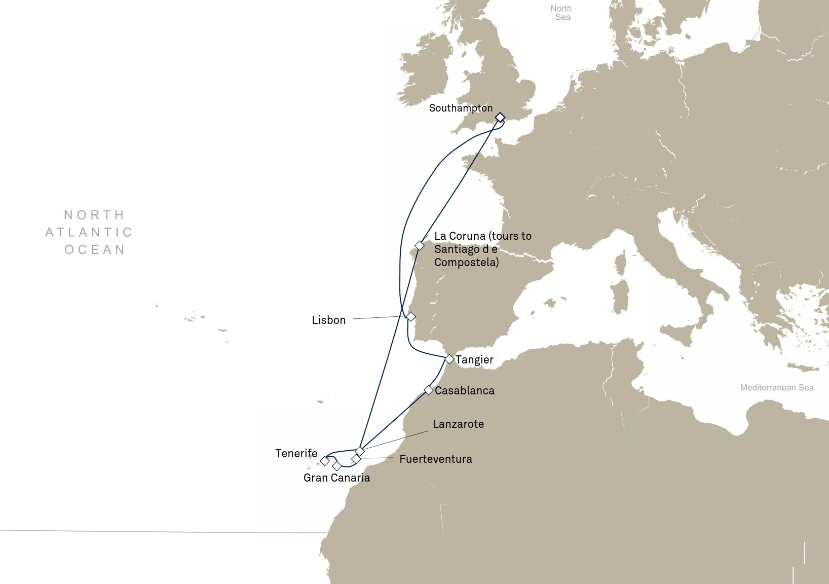 Queen Victoria Voyage V902 itinerary map: Southampton, England, UK to Southampton, England, UK, January 5-21, 2029