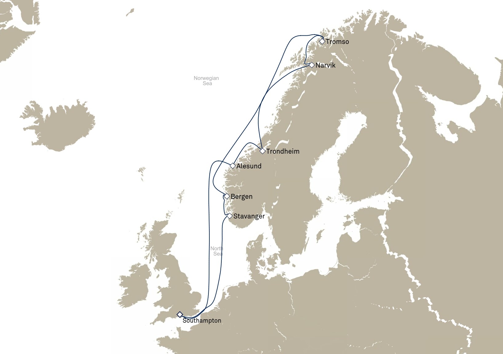 Queen Victoria Voyage V907 itinerary map: Southampton, England, UK to Southampton, England, UK, March 4-18, 2029