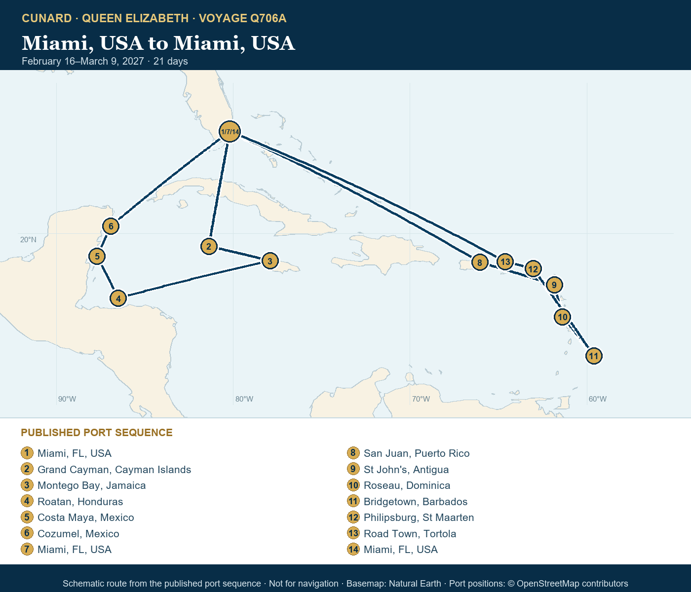 Queen Elizabeth Voyage Q706A itinerary route map for Miami, USA to Miami, USA