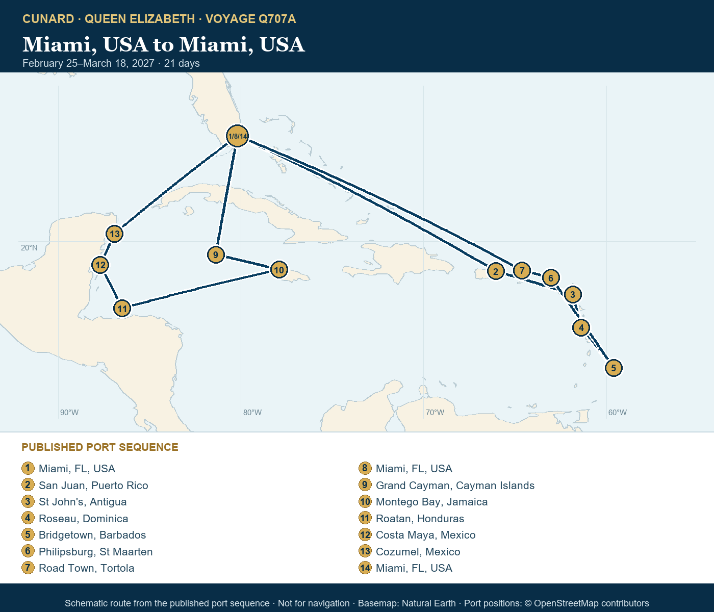 Queen Elizabeth Voyage Q707A itinerary route map for Miami, USA to Miami, USA