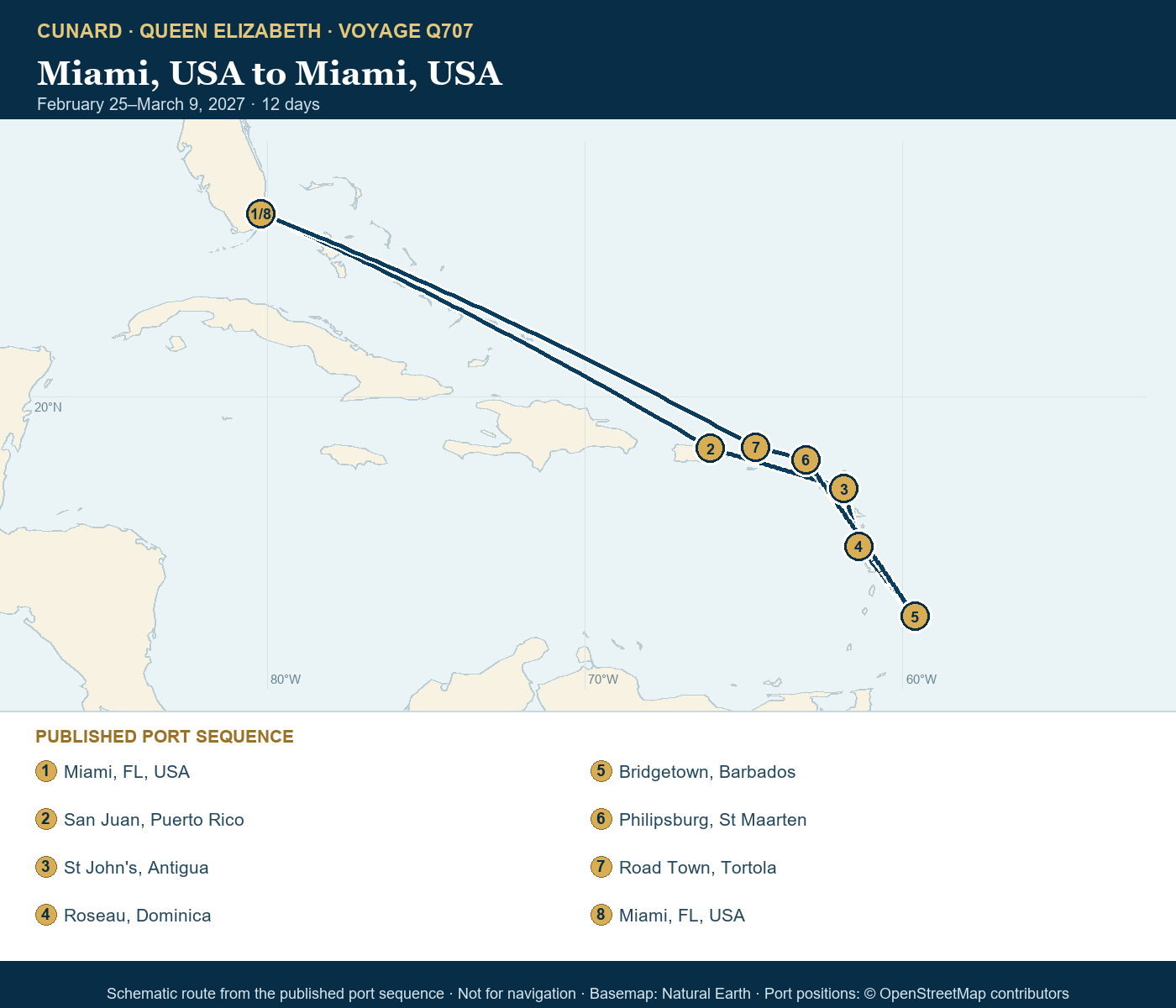 Queen Elizabeth Voyage Q707 itinerary route map for Miami, USA to Miami, USA