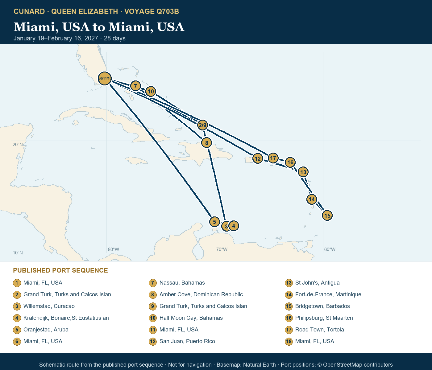 Queen Elizabeth Voyage Q703B itinerary route map for Miami, USA to Miami, USA