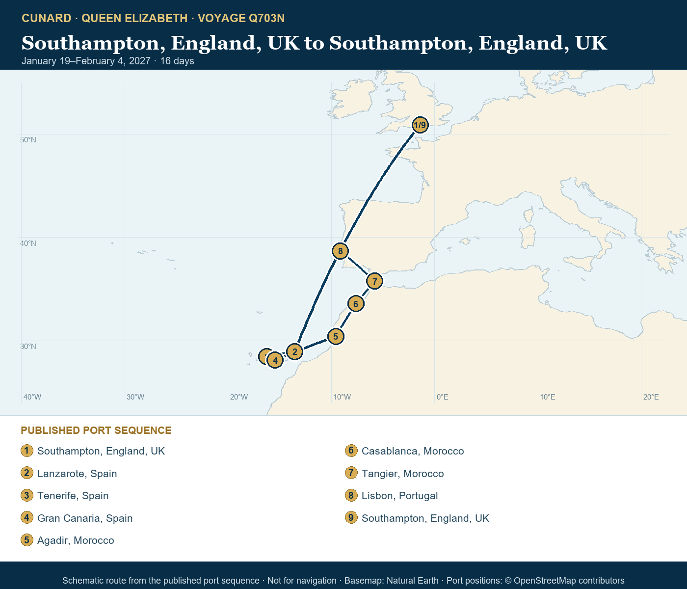 Queen Elizabeth Voyage Q703N itinerary route map for Southampton, England, UK to Southampton, England, UK