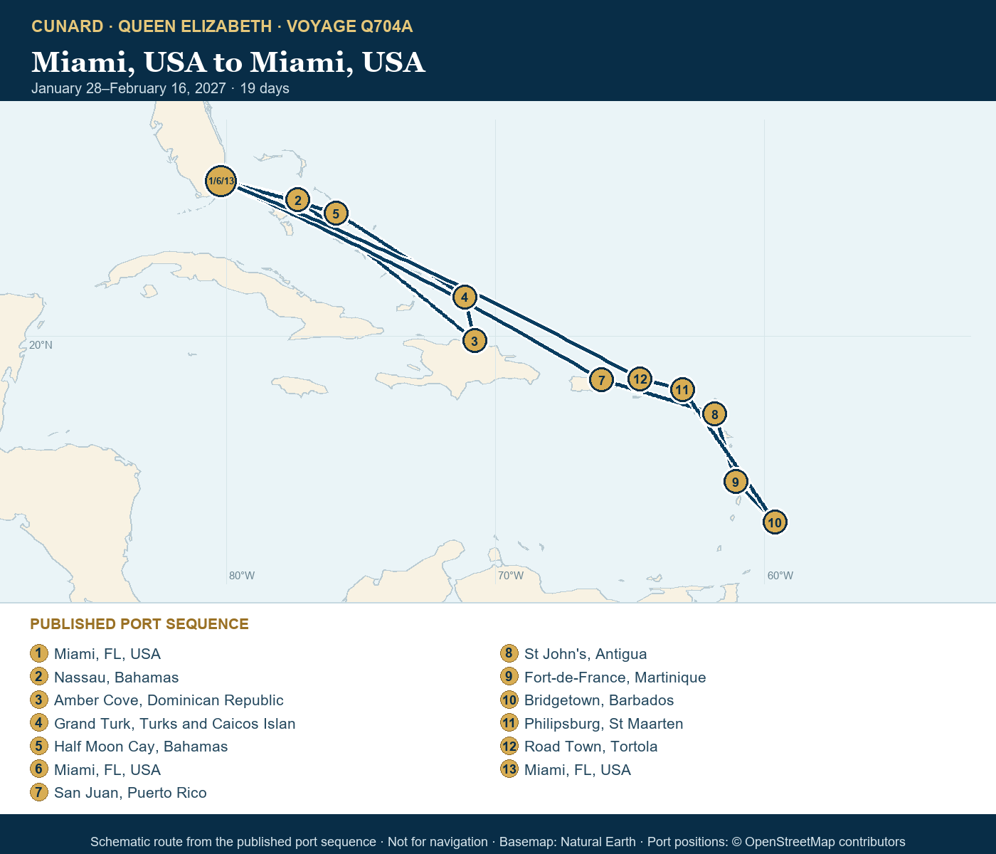 Queen Elizabeth Voyage Q704A itinerary route map for Miami, USA to Miami, USA