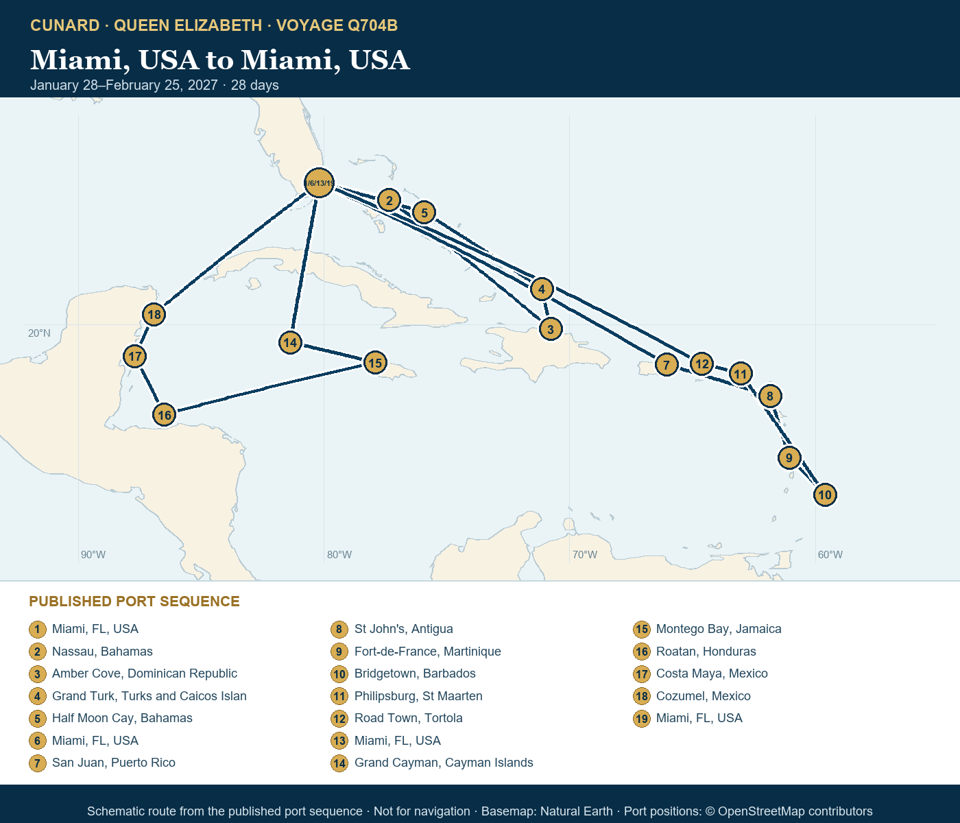 Queen Elizabeth Voyage Q704B itinerary route map for Miami, USA to Miami, USA