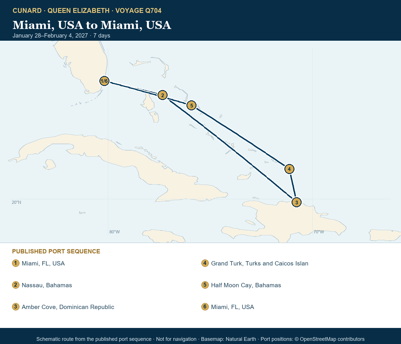 Queen Elizabeth Voyage Q704 itinerary route map for Miami, USA to Miami, USA