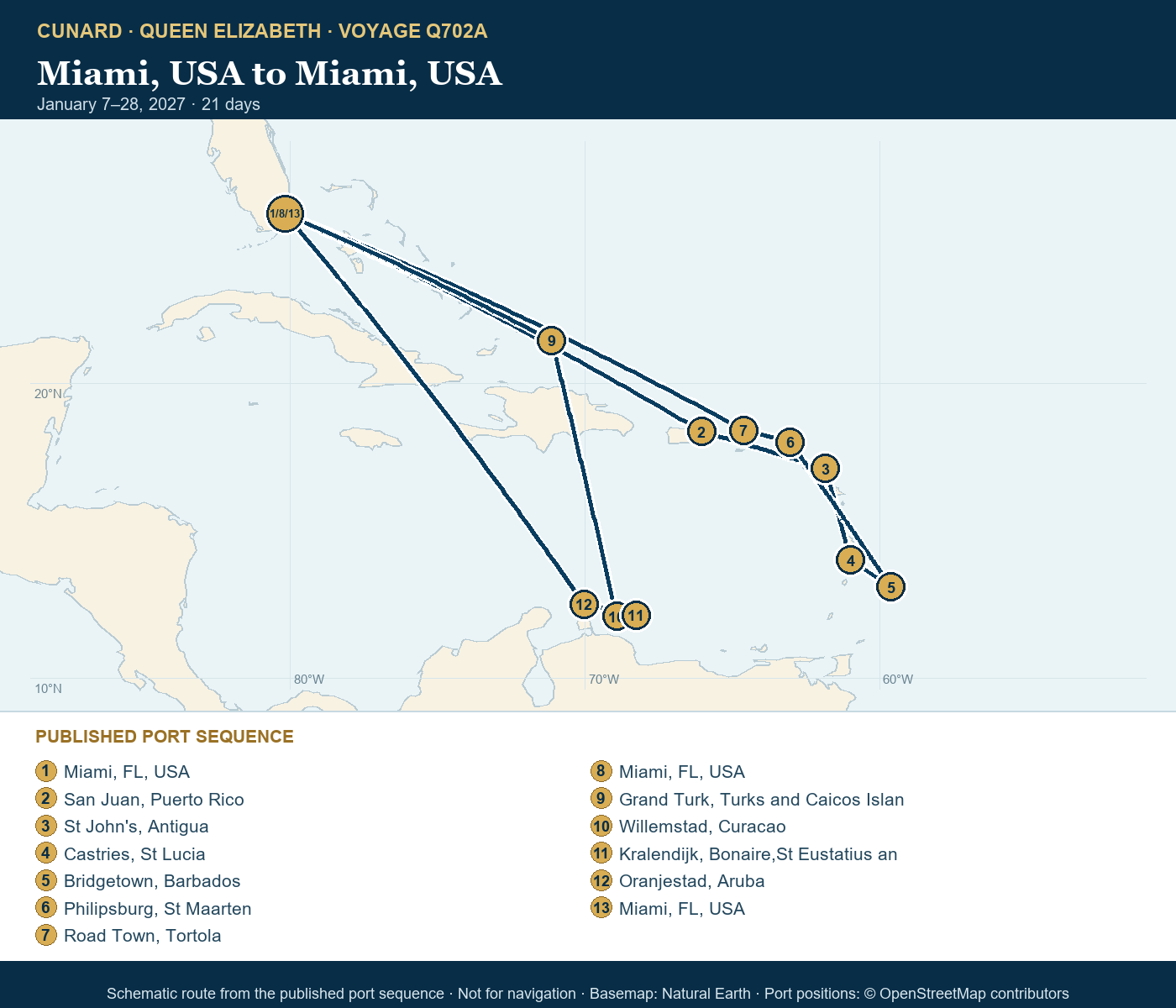 Queen Elizabeth Voyage Q702A itinerary route map for Miami, USA to Miami, USA