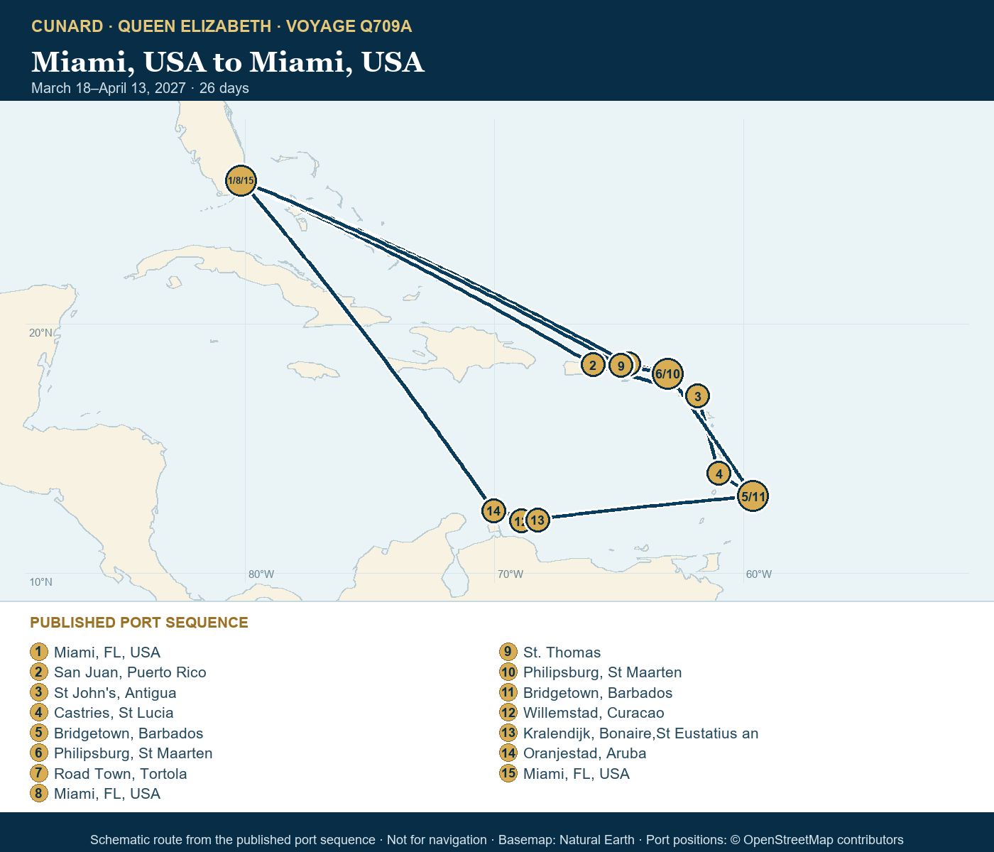 Queen Elizabeth Voyage Q709A itinerary route map for Miami, USA to Miami, USA