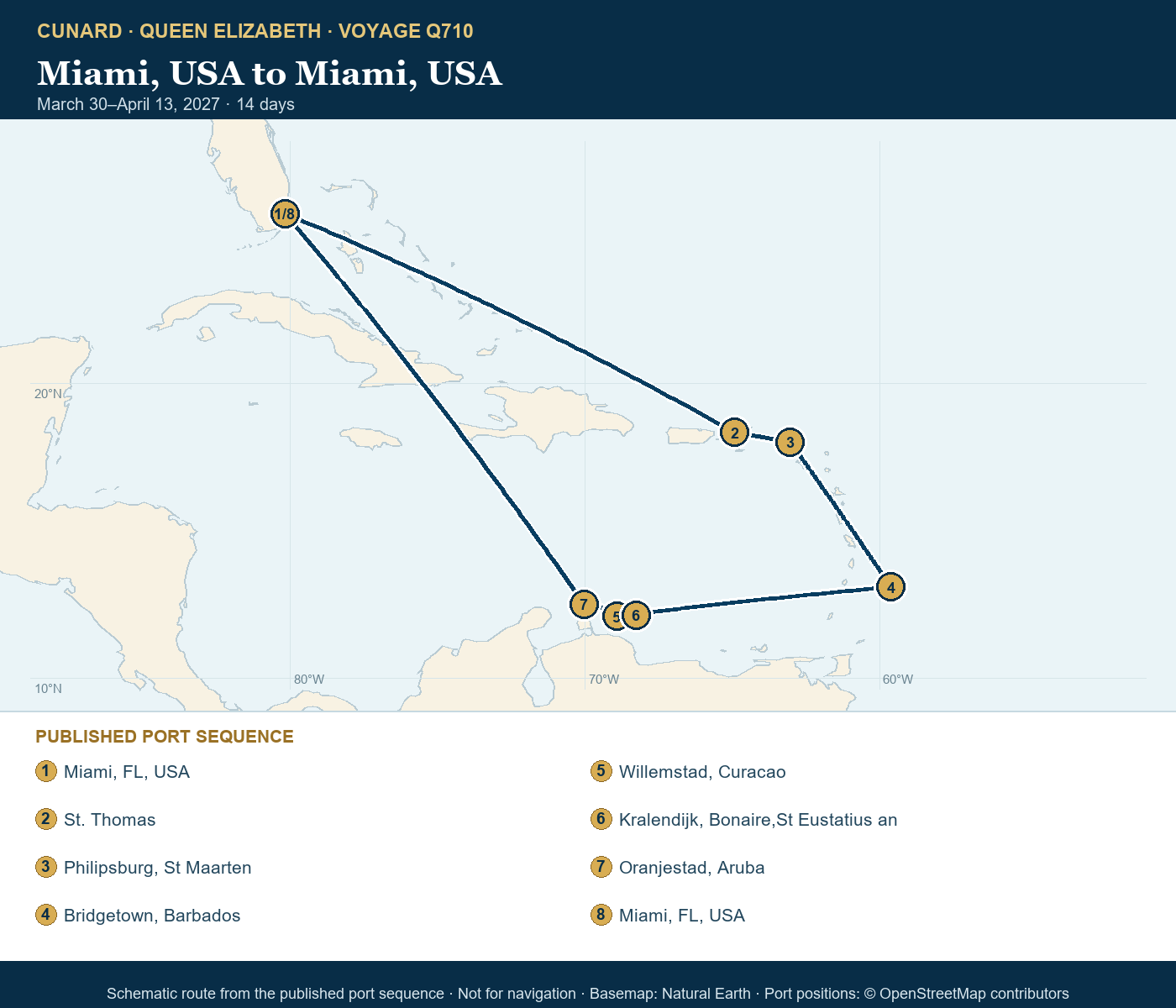 Queen Elizabeth Voyage Q710 itinerary route map for Miami, USA to Miami, USA