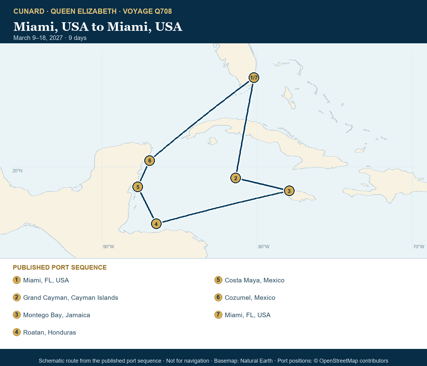 Queen Elizabeth Voyage Q708 itinerary route map for Miami, USA to Miami, USA