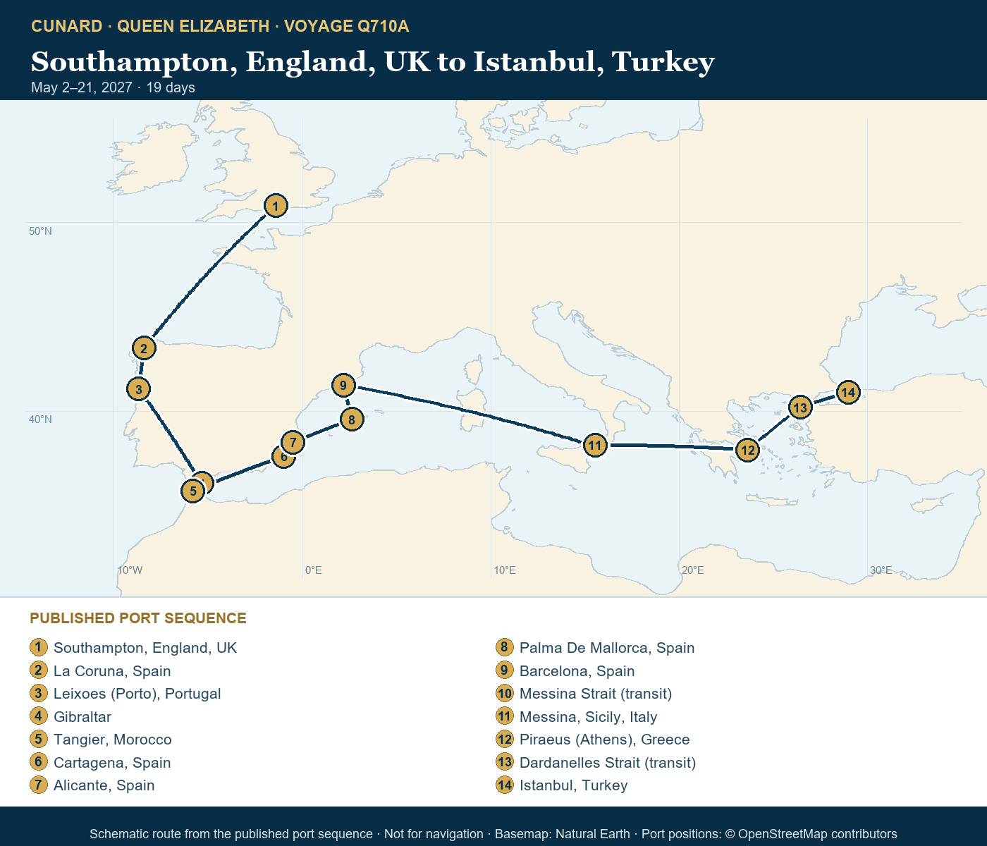 Queen Elizabeth Voyage Q710A itinerary route map from Southampton to Istanbul via Spain, Portugal, Morocco, Italy, and Greece