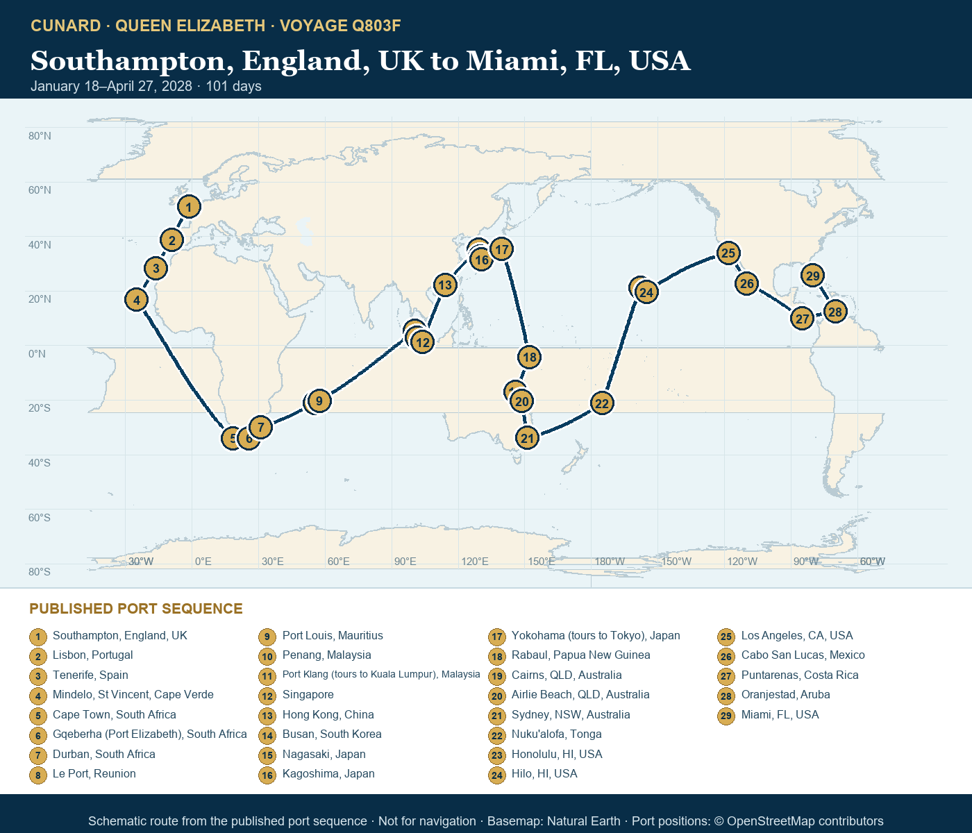 Queen Elizabeth Voyage Q803F itinerary route map for Southampton, England, UK to Miami, FL, USA