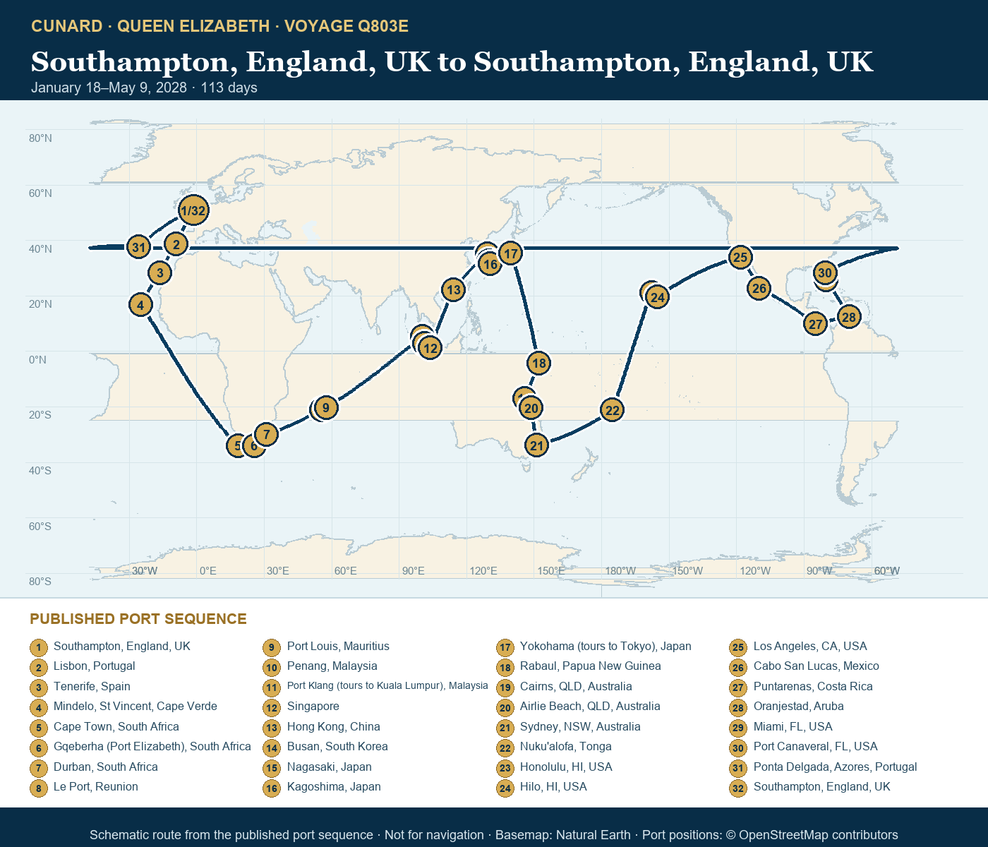 Queen Elizabeth Voyage Q803E itinerary route map for Southampton, England, UK to Southampton, England, UK