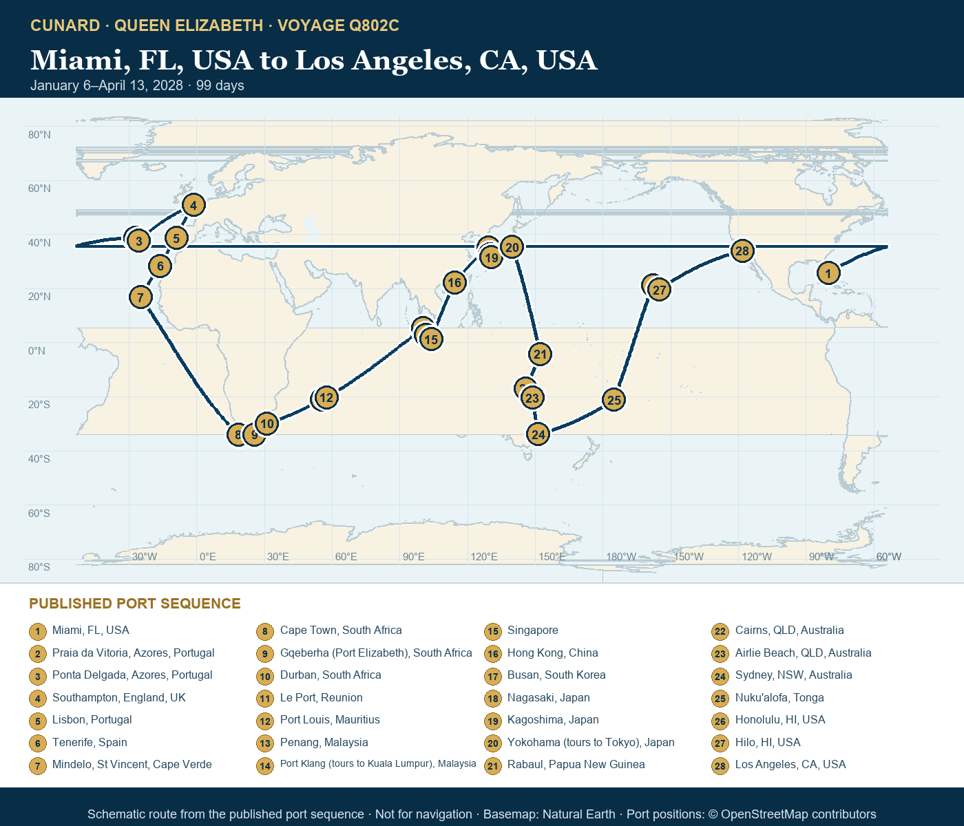 Queen Elizabeth Voyage Q802C itinerary route map for Miami, FL, USA to Los Angeles, CA, USA