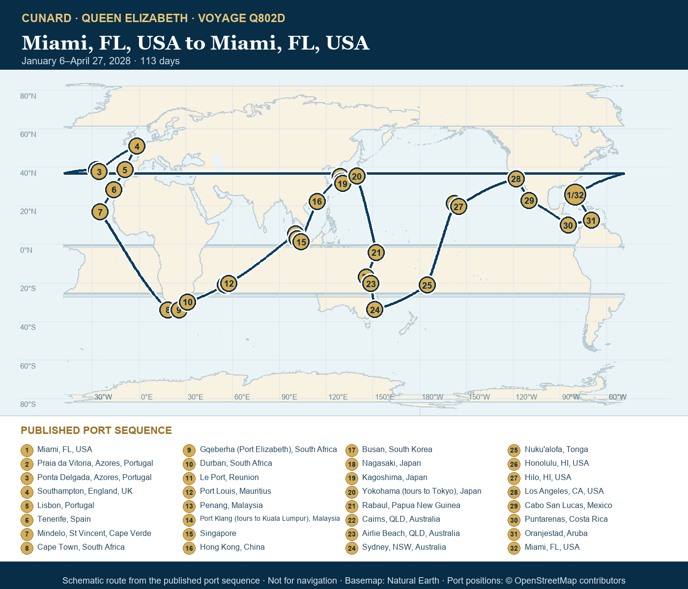 Queen Elizabeth Voyage Q802D itinerary route map for Miami, FL, USA to Miami, FL, USA