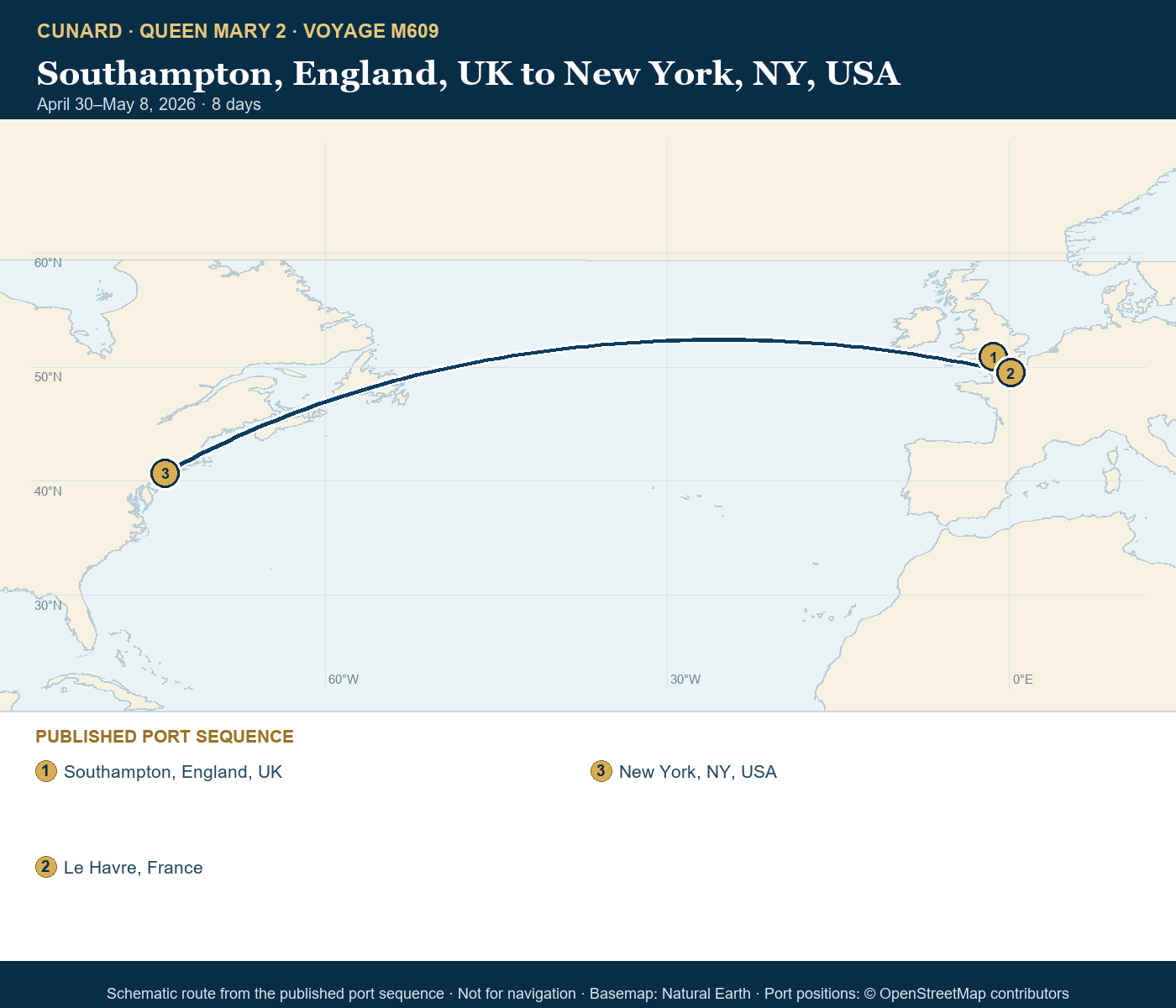 Queen Mary 2 Voyage M609 itinerary route map for Southampton, England, UK to New York, NY, USA