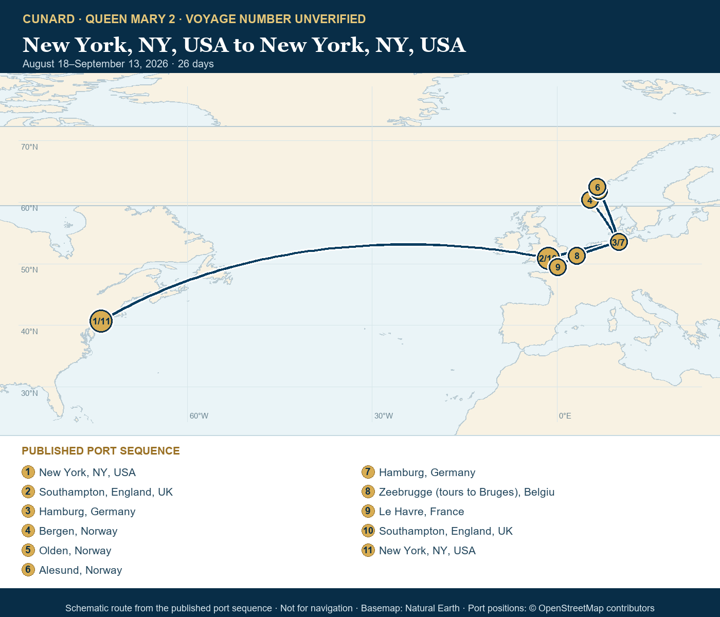 Queen Mary 2 voyage number unverified itinerary route map for New York, NY, USA to New York, NY, USA