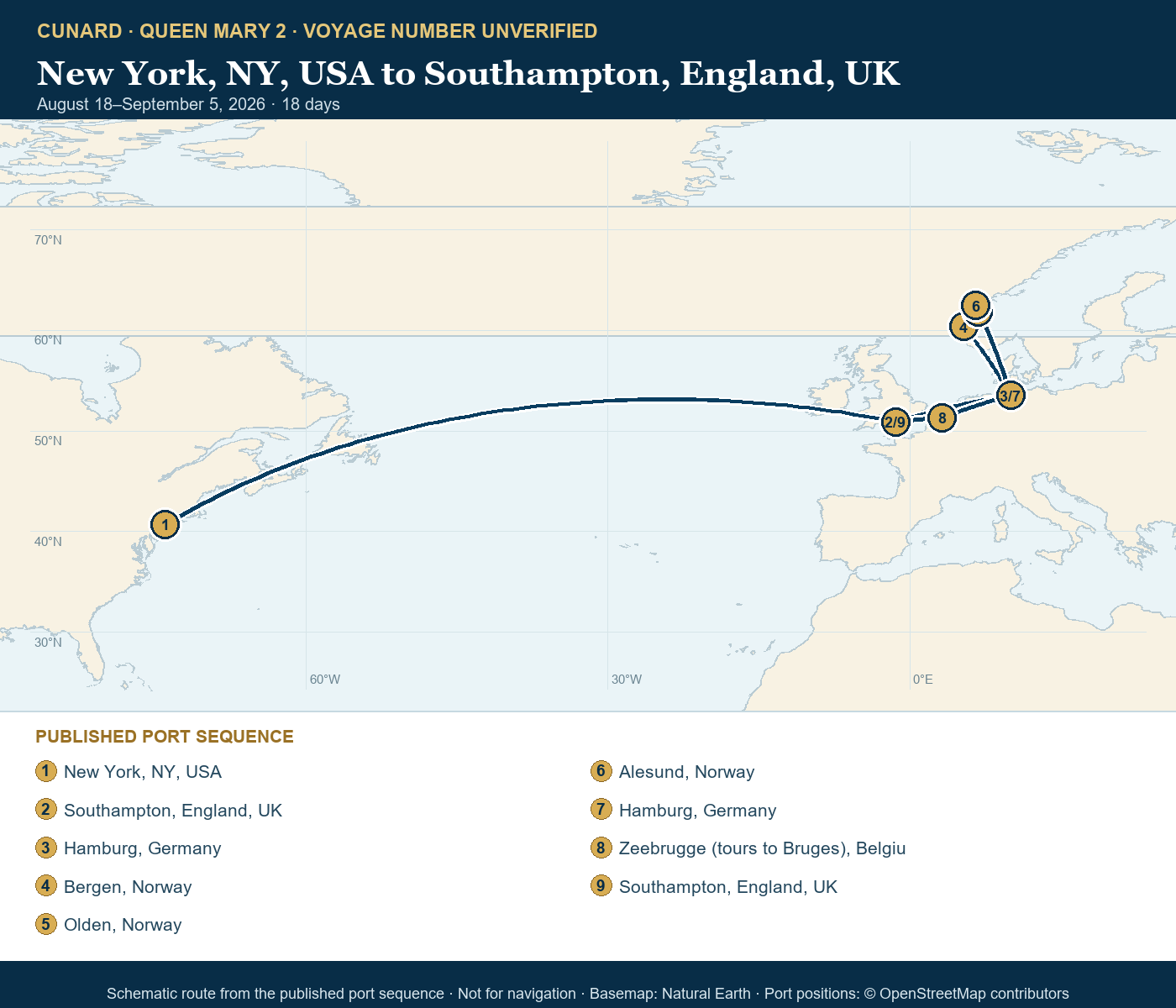 Queen Mary 2 voyage number unverified itinerary route map for New York, NY, USA to Southampton, England, UK