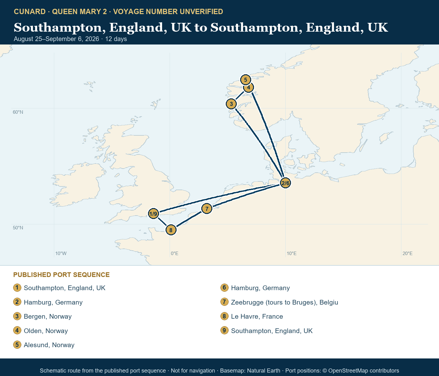Queen Mary 2 voyage number unverified itinerary route map for Southampton, England, UK to Southampton, England, UK