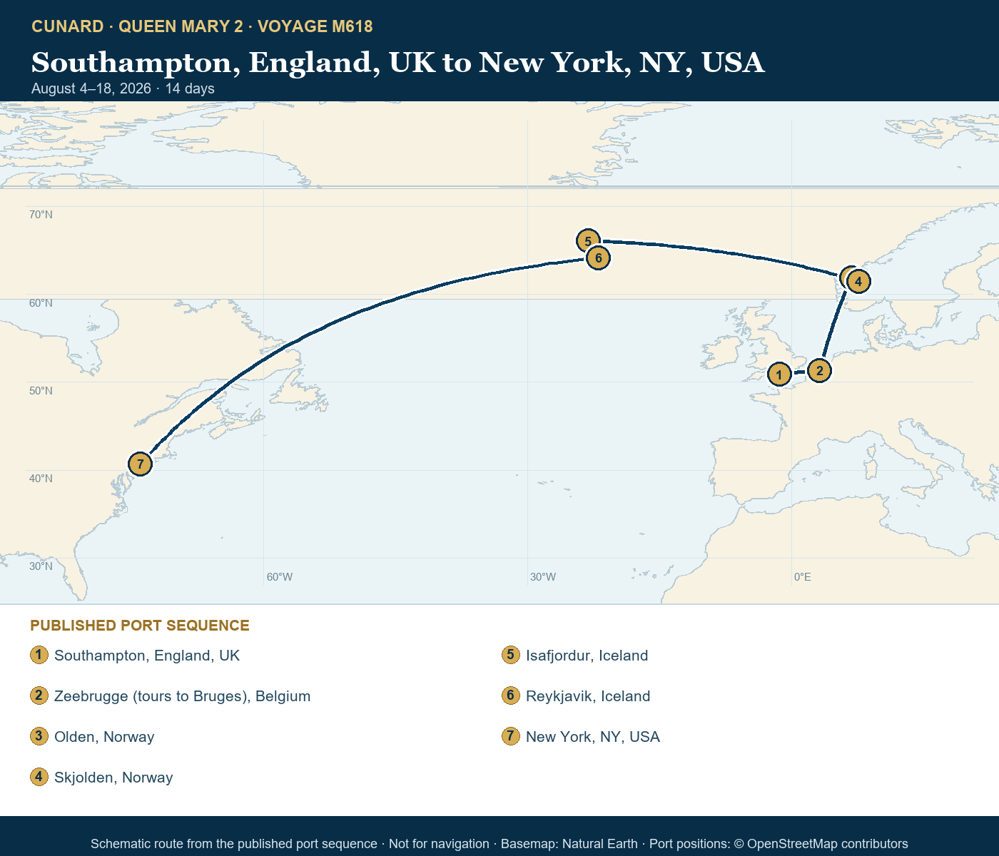 Queen Mary 2 Voyage M618 itinerary route map for Southampton, England, UK to New York, NY, USA
