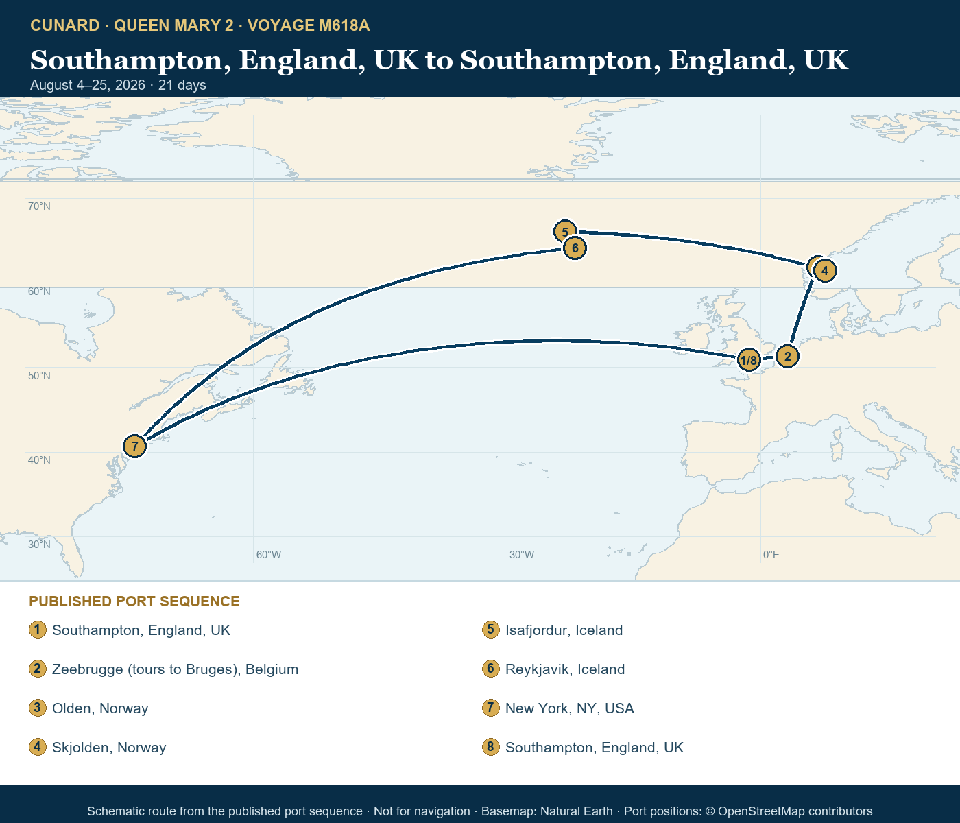 Queen Mary 2 Voyage M618A itinerary route map for Southampton, England, UK to Southampton, England, UK