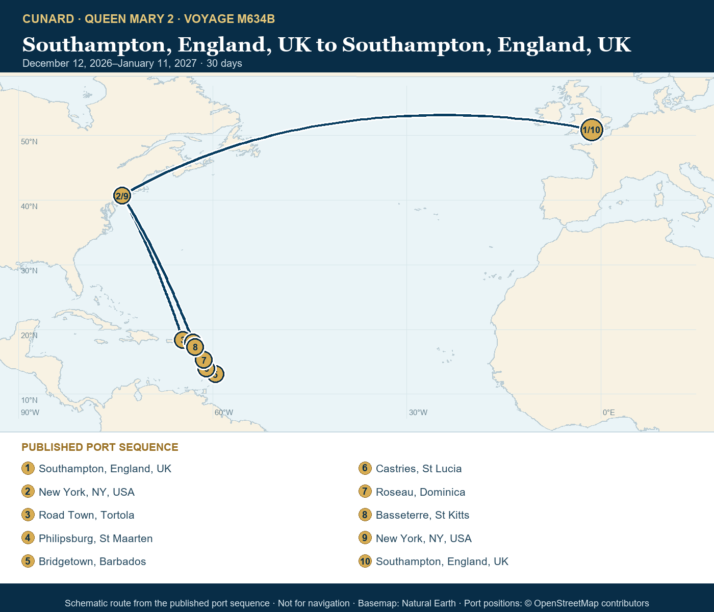 Queen Mary 2 Voyage M634B itinerary route map for Southampton, England, UK to Southampton, England, UK