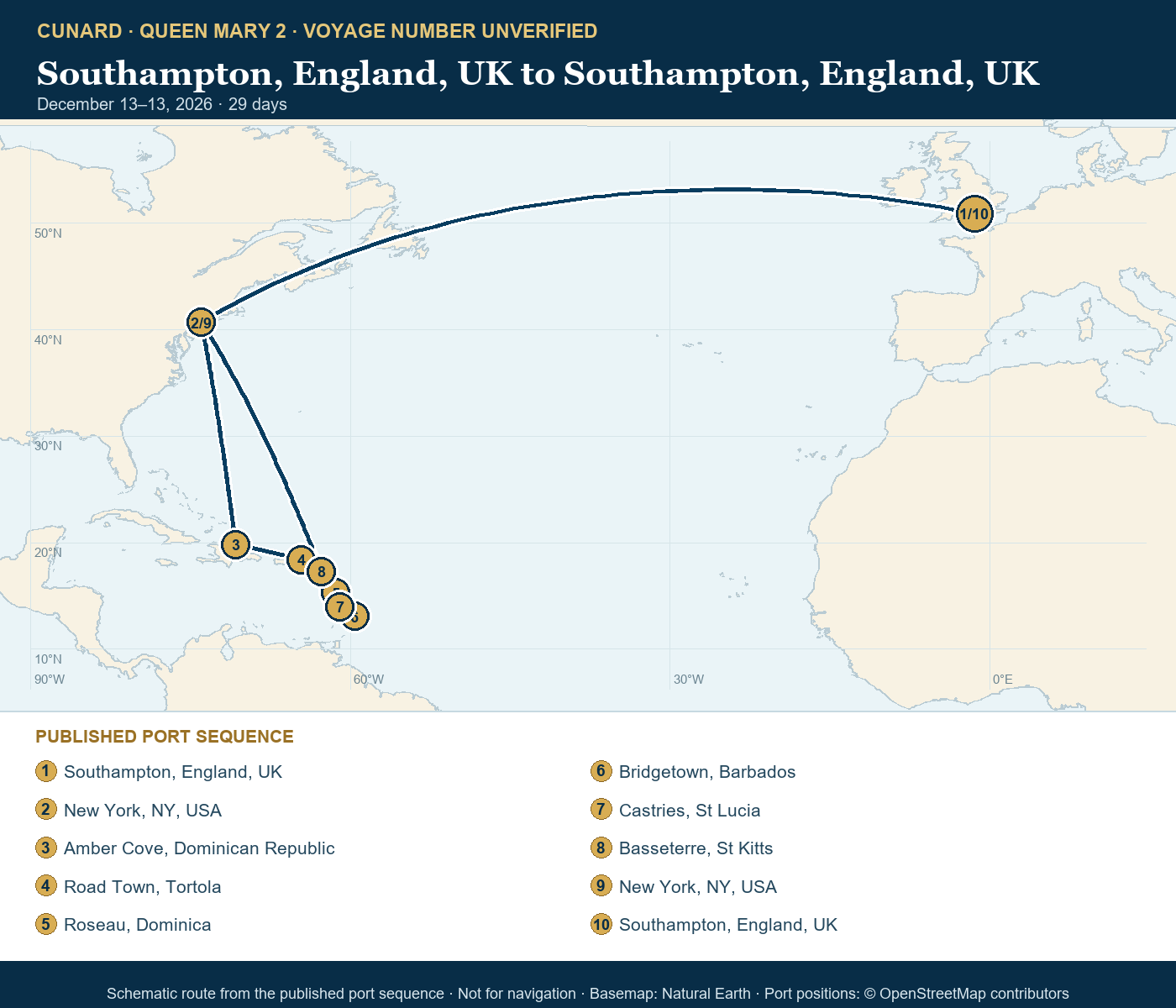 Queen Mary 2 voyage number unverified itinerary route map for Southampton, England, UK to Southampton, England, UK