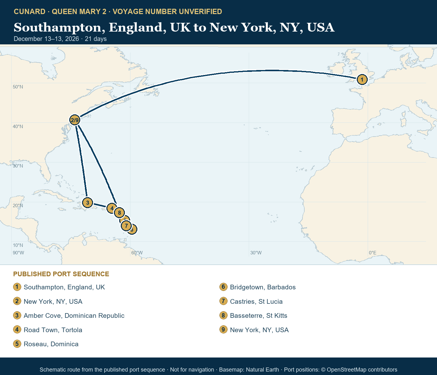 Queen Mary 2 voyage number unverified itinerary route map for Southampton, England, UK to New York, NY, USA