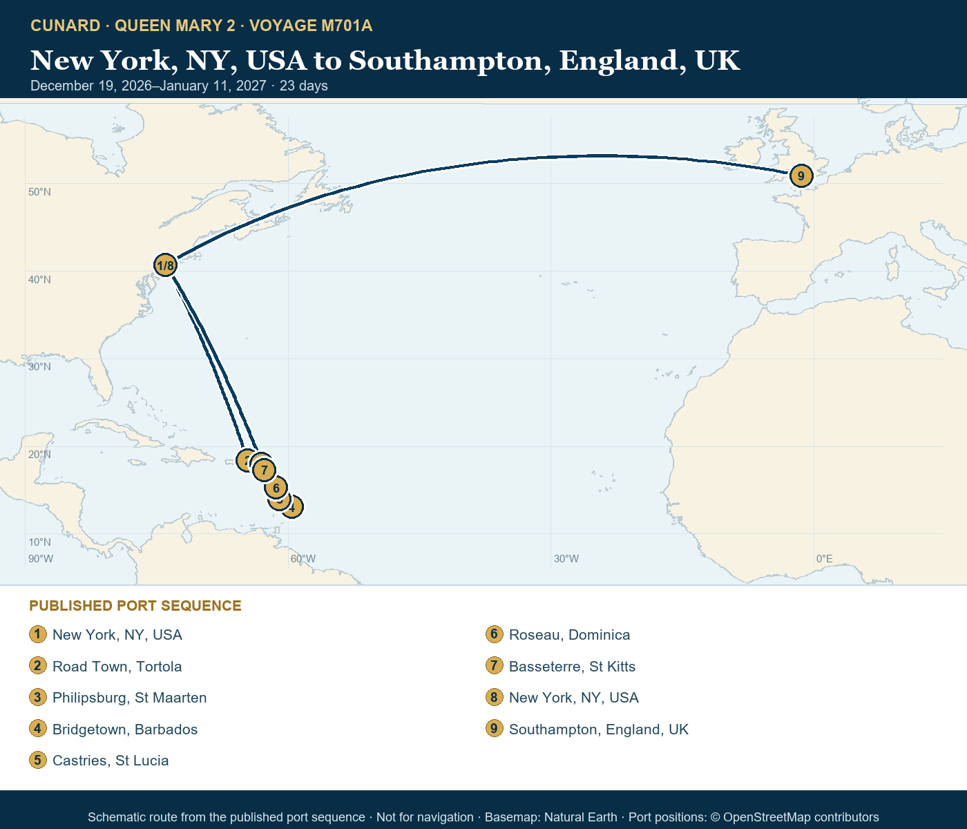 Queen Mary 2 Voyage M701A itinerary route map for New York, NY, USA to Southampton, England, UK