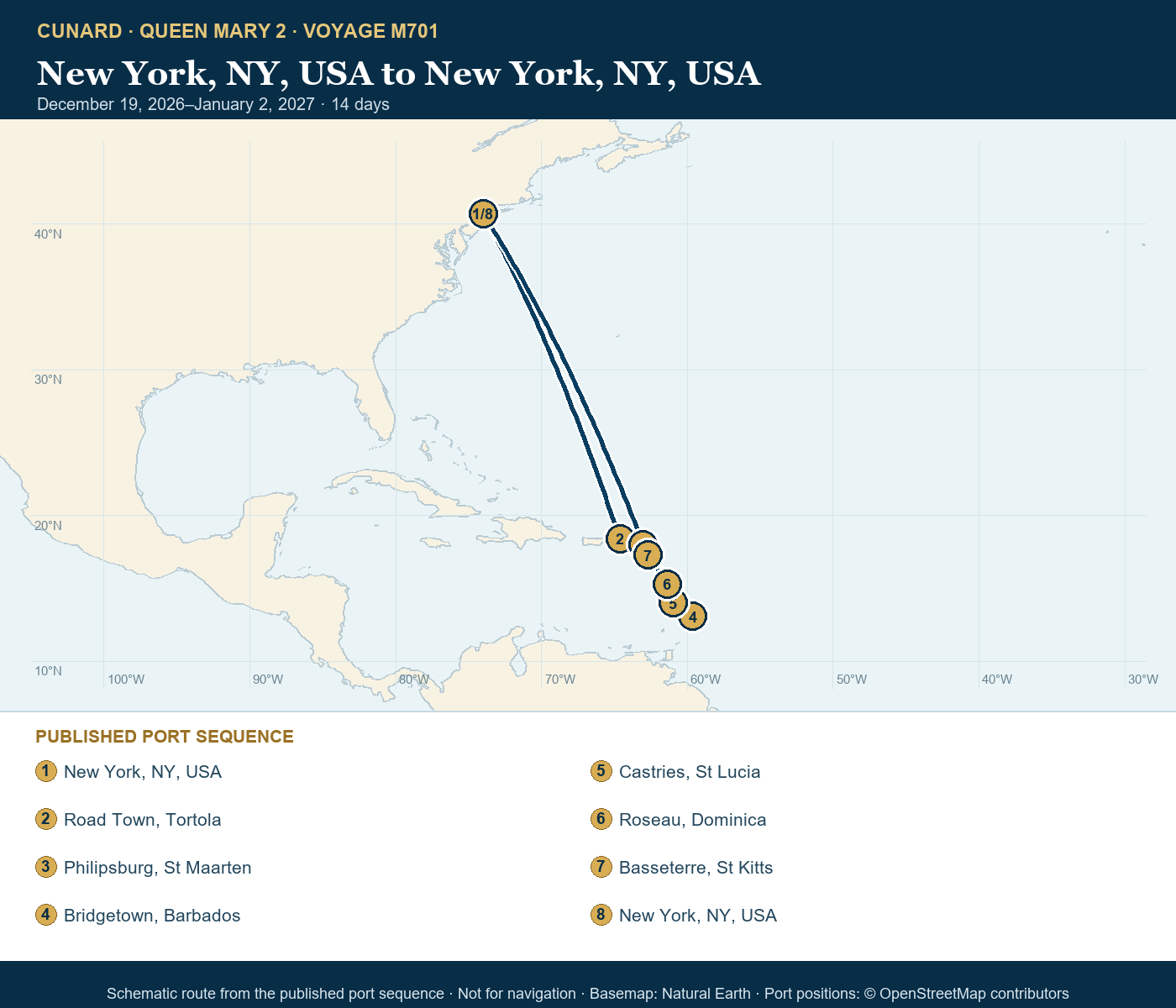 Queen Mary 2 Voyage M701 itinerary route map for New York, NY, USA to New York, NY, USA