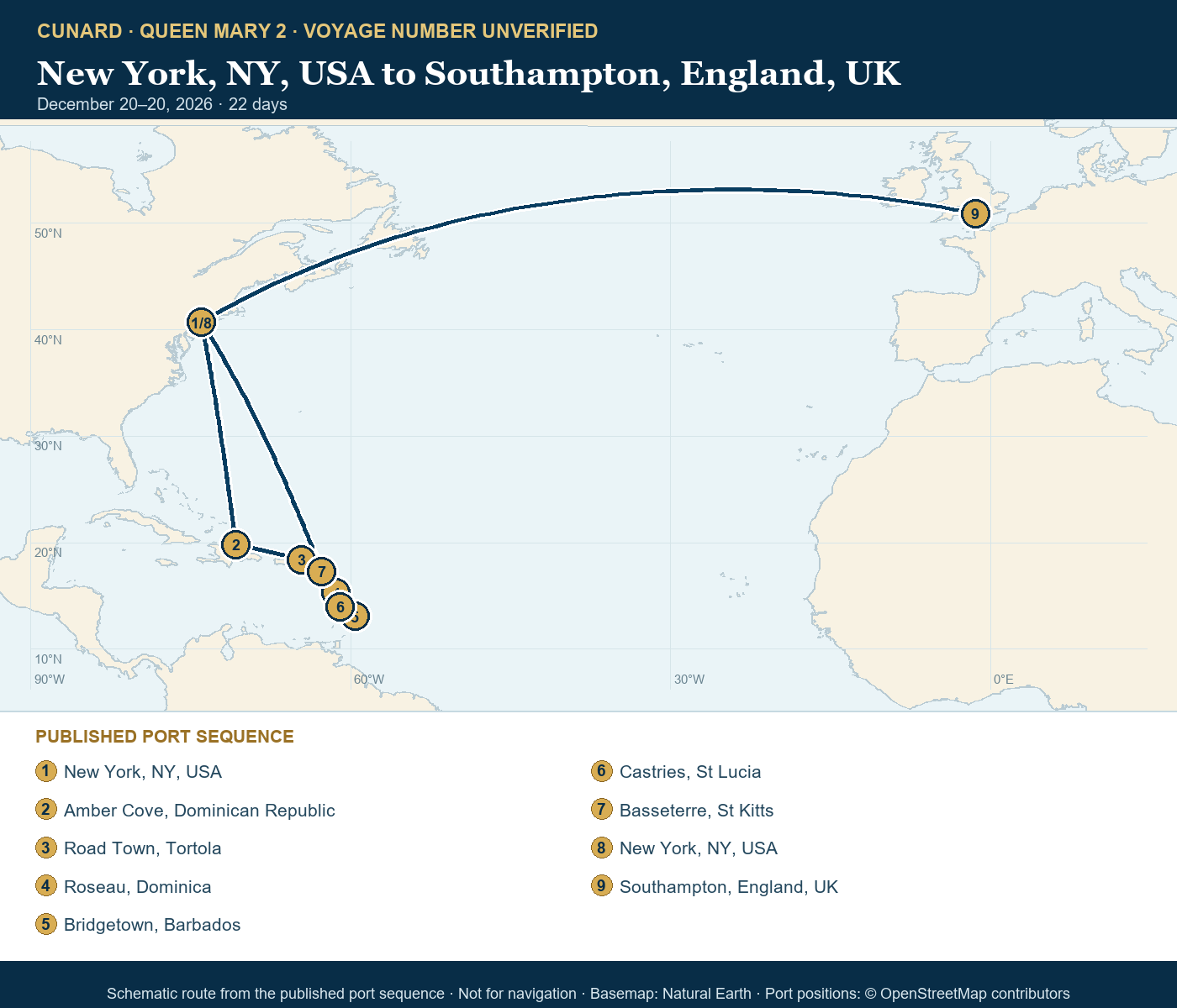 Queen Mary 2 voyage number unverified itinerary route map for New York, NY, USA to Southampton, England, UK