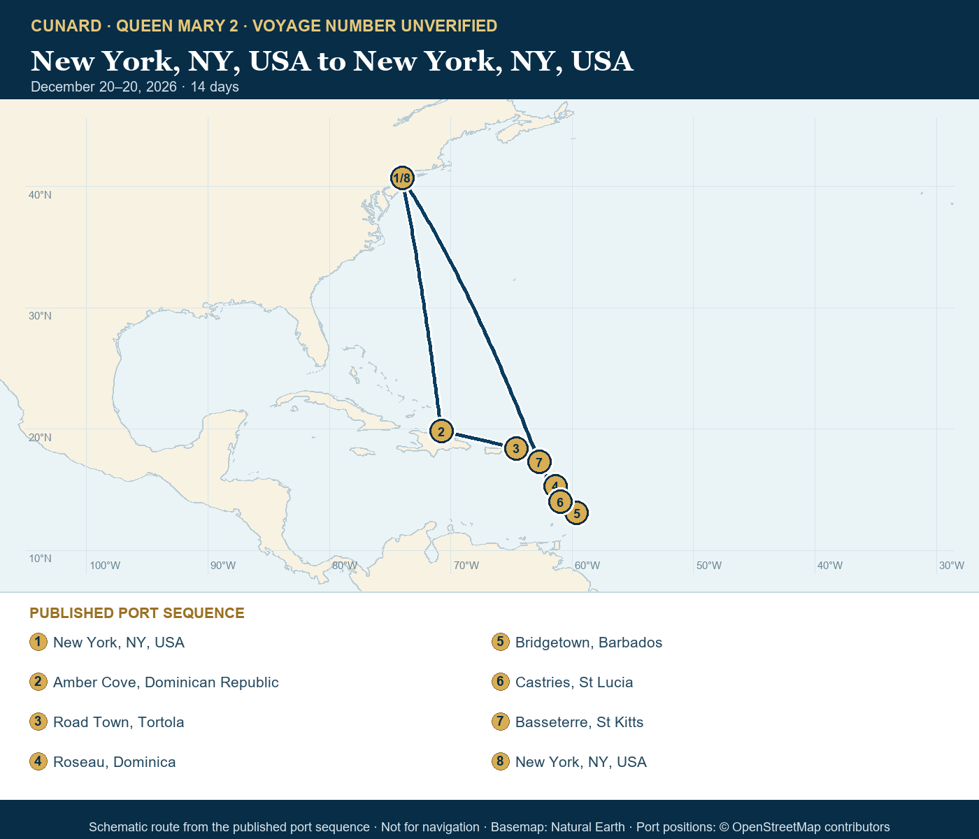 Queen Mary 2 voyage number unverified itinerary route map for New York, NY, USA to New York, NY, USA