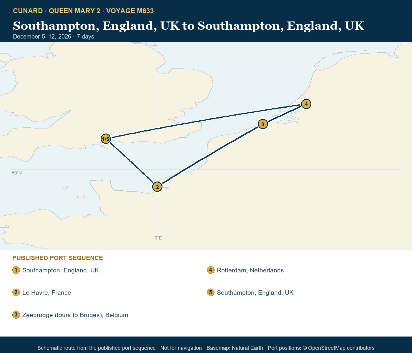 Queen Mary 2 Voyage M633 itinerary route map for Southampton, England, UK to Southampton, England, UK
