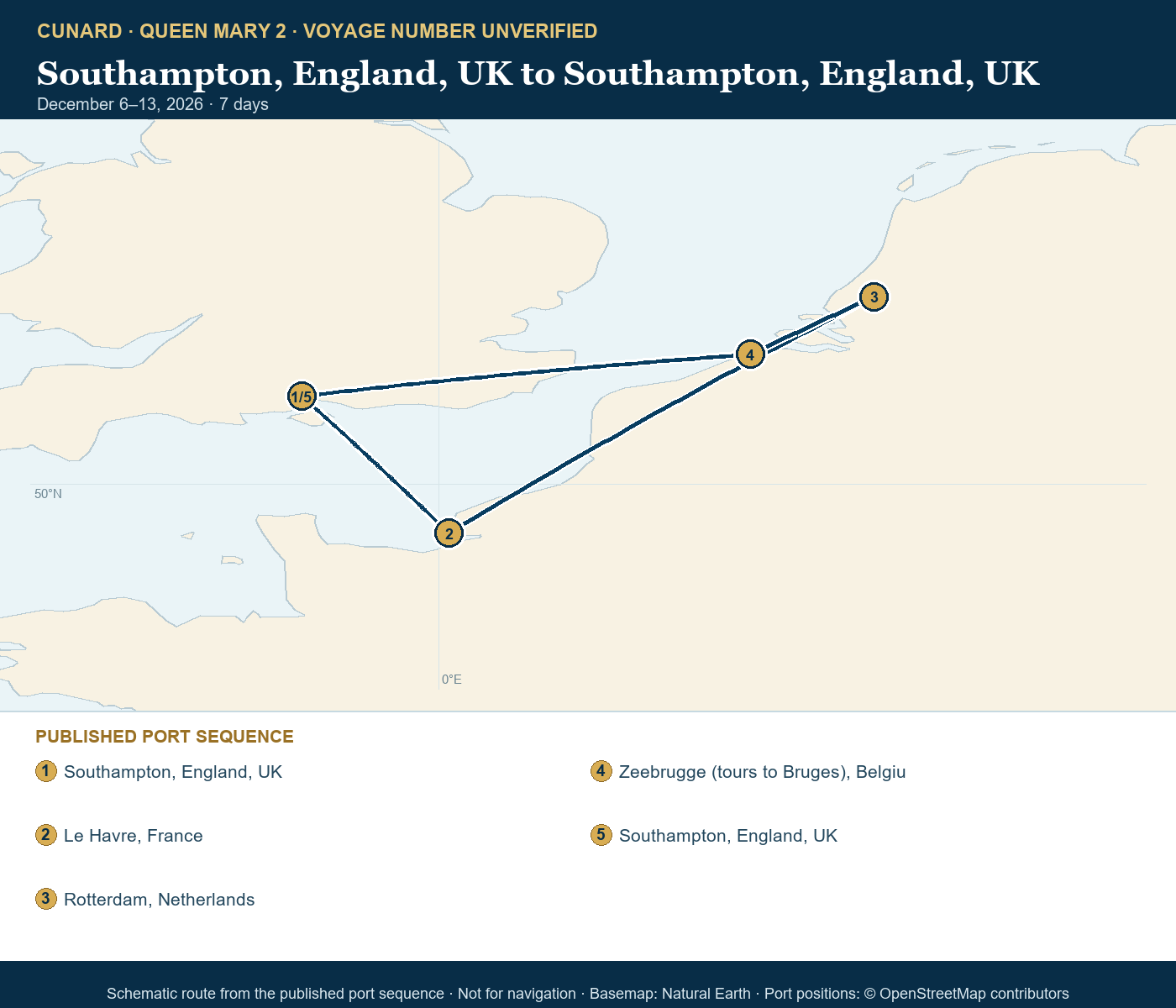 Queen Mary 2 voyage number unverified itinerary route map for Southampton, England, UK to Southampton, England, UK
