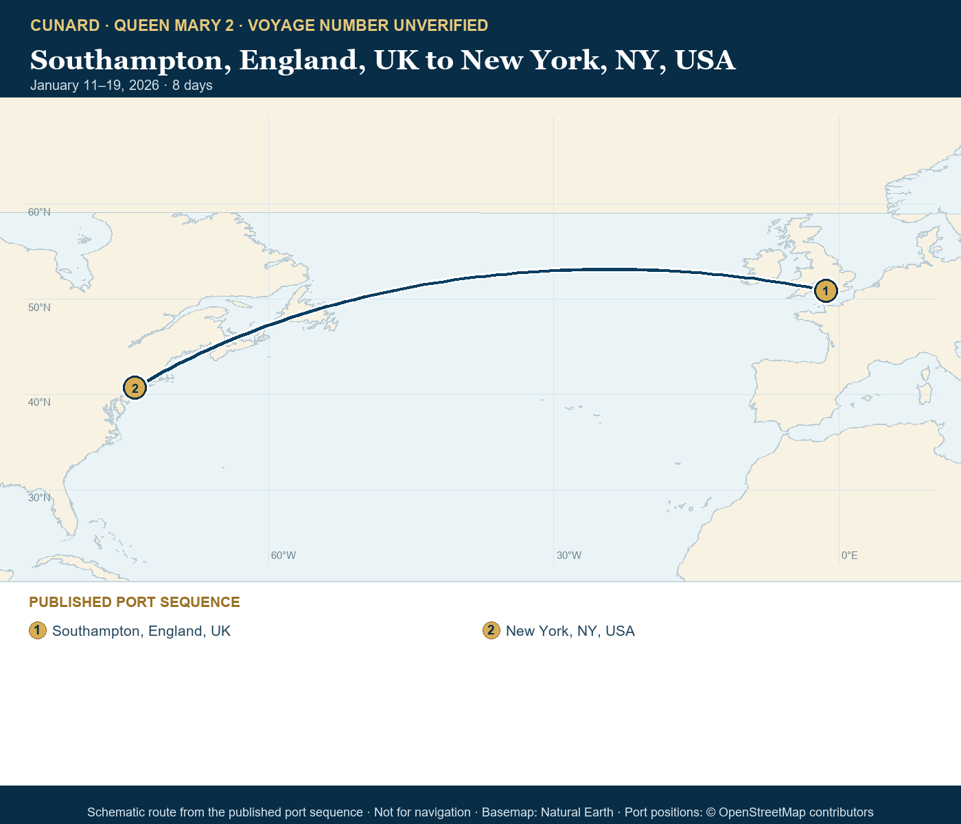 Queen Mary 2 voyage number unverified itinerary route map for Southampton, England, UK to New York, NY, USA